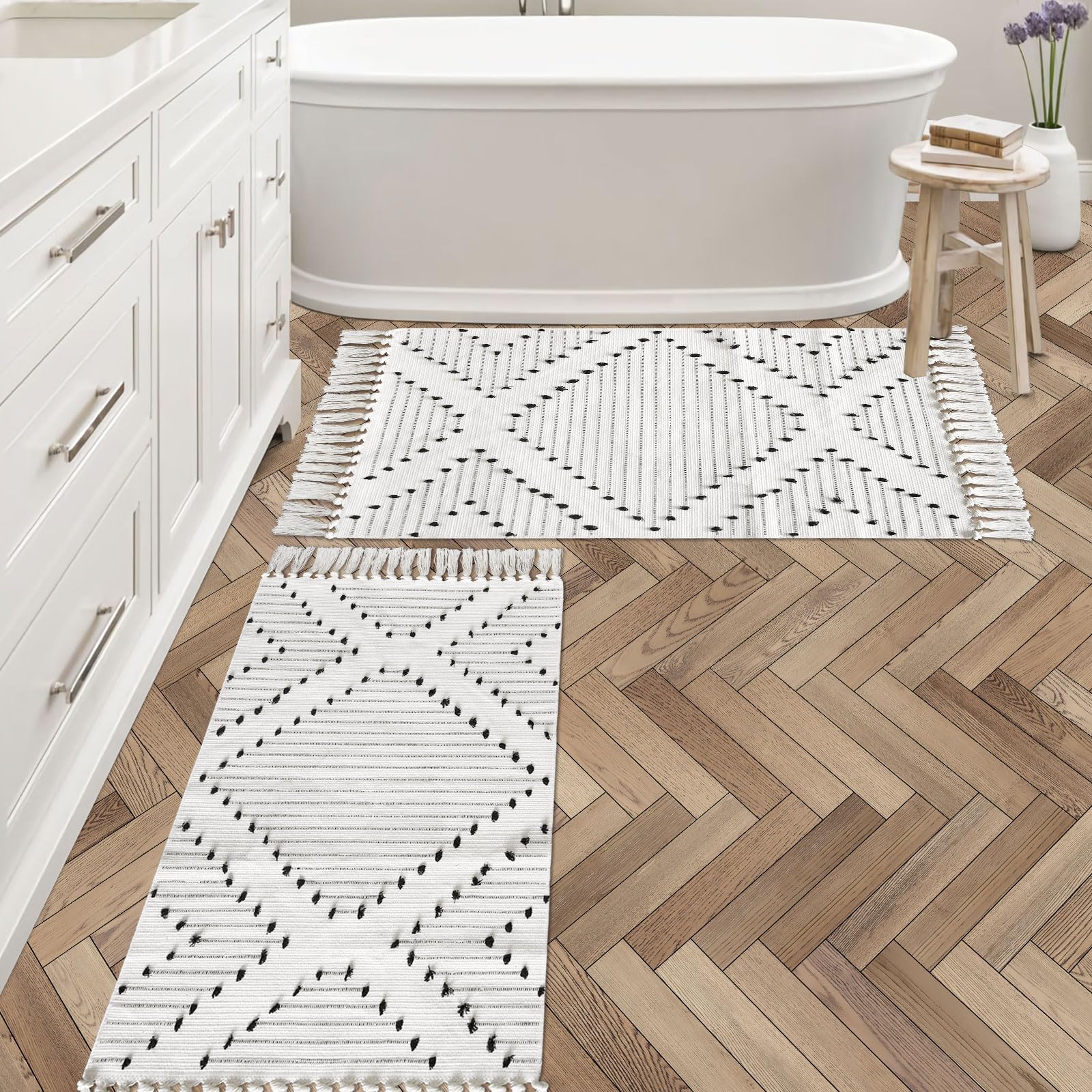 MitoVilla Boho Area Rug Set 2 Piece 2'x4.3', Off White Small Runner Rug with Tassels for Kitchen, Cotton Woven Washable Tribal Bathroom Floor Throw Rug for Hallway, Entryway, Laundry Room