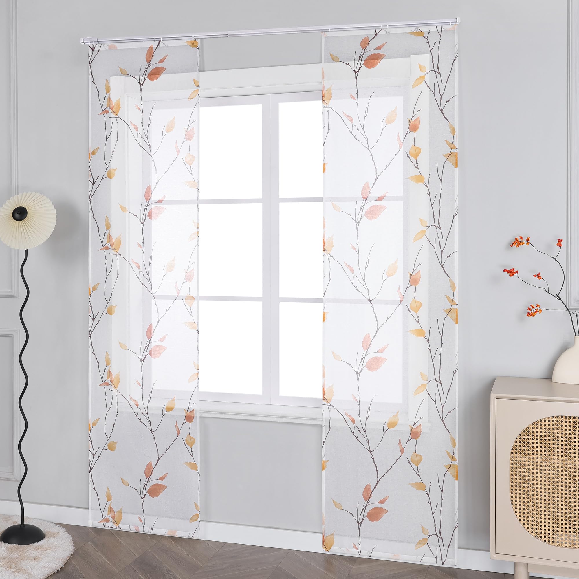 ESLIR Schiebegardinen Set 2er Flächenvorhänge Gardinen mit Klettband Schiebevorhang Transparent Vorhang mit Blätterdruckmuster Landhaus Orange BxH 57x175 cm 2 Stück