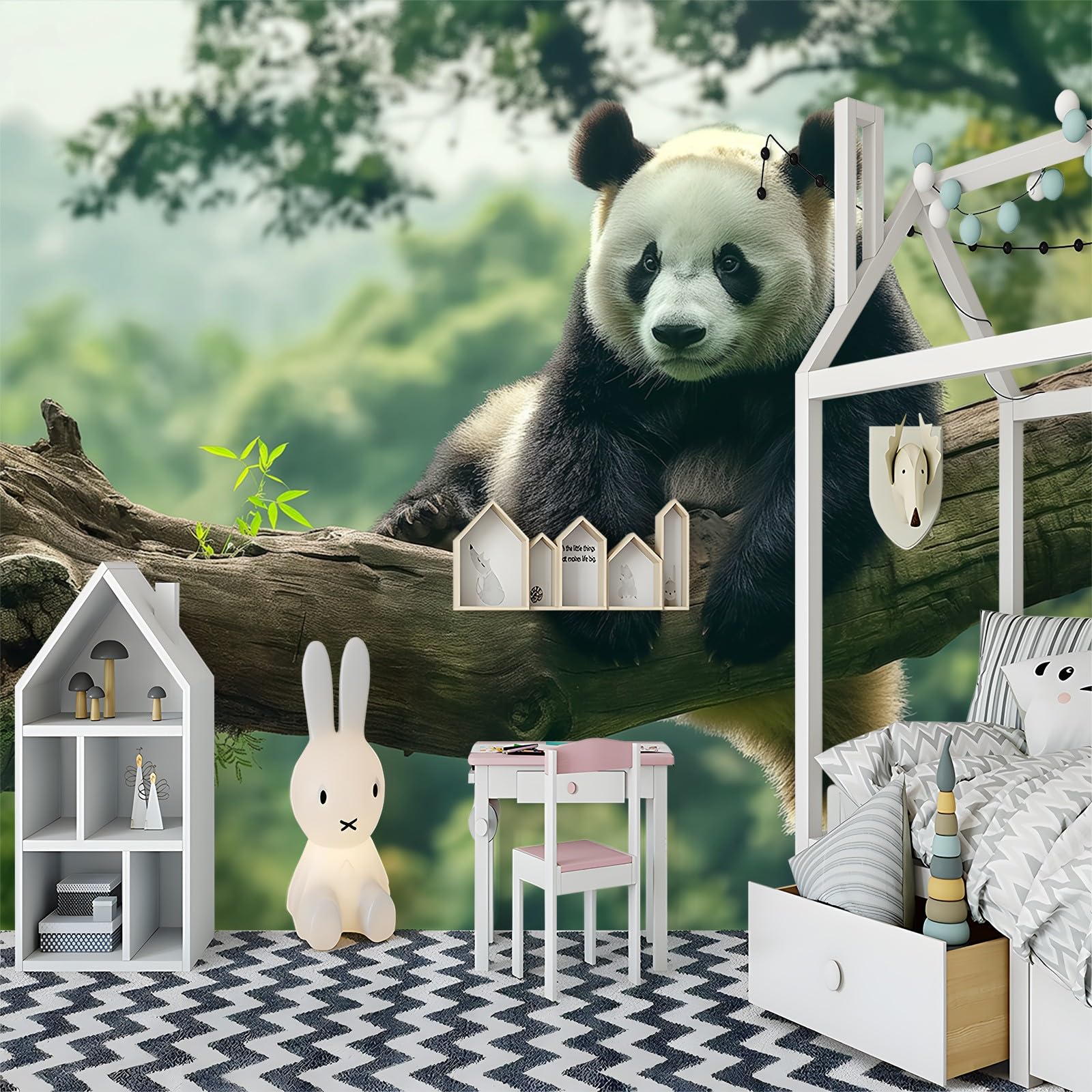 Tapeta 300 x 210 cm, tapeta z włókniny, duża panda w dżungli, wodoszczelna, folia ochronna na ścianę, do sypialni, salonu, folia meblowa, tapeta ścienna, fototapeta zielona, w zestawie poradnik do
