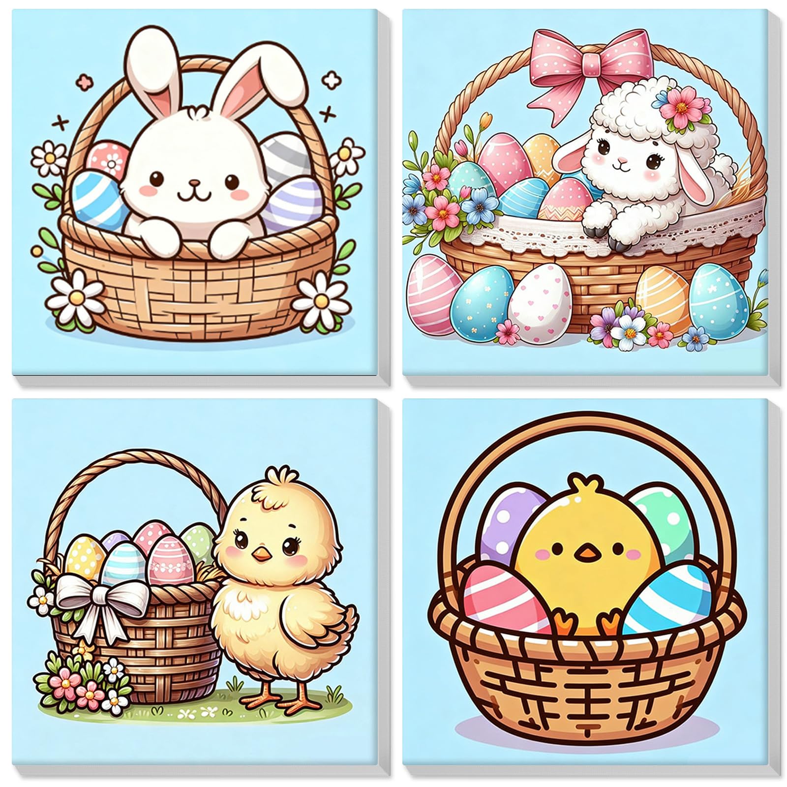 Lxmsja 4 Pack Paint by Numbers Easter for Children with Frame, Painting by Numbers Rabbit Duck for Kids on Canvas, DIY Acrylic Number Painting Lamb Kit for Home Wall Decor, 8x8inch