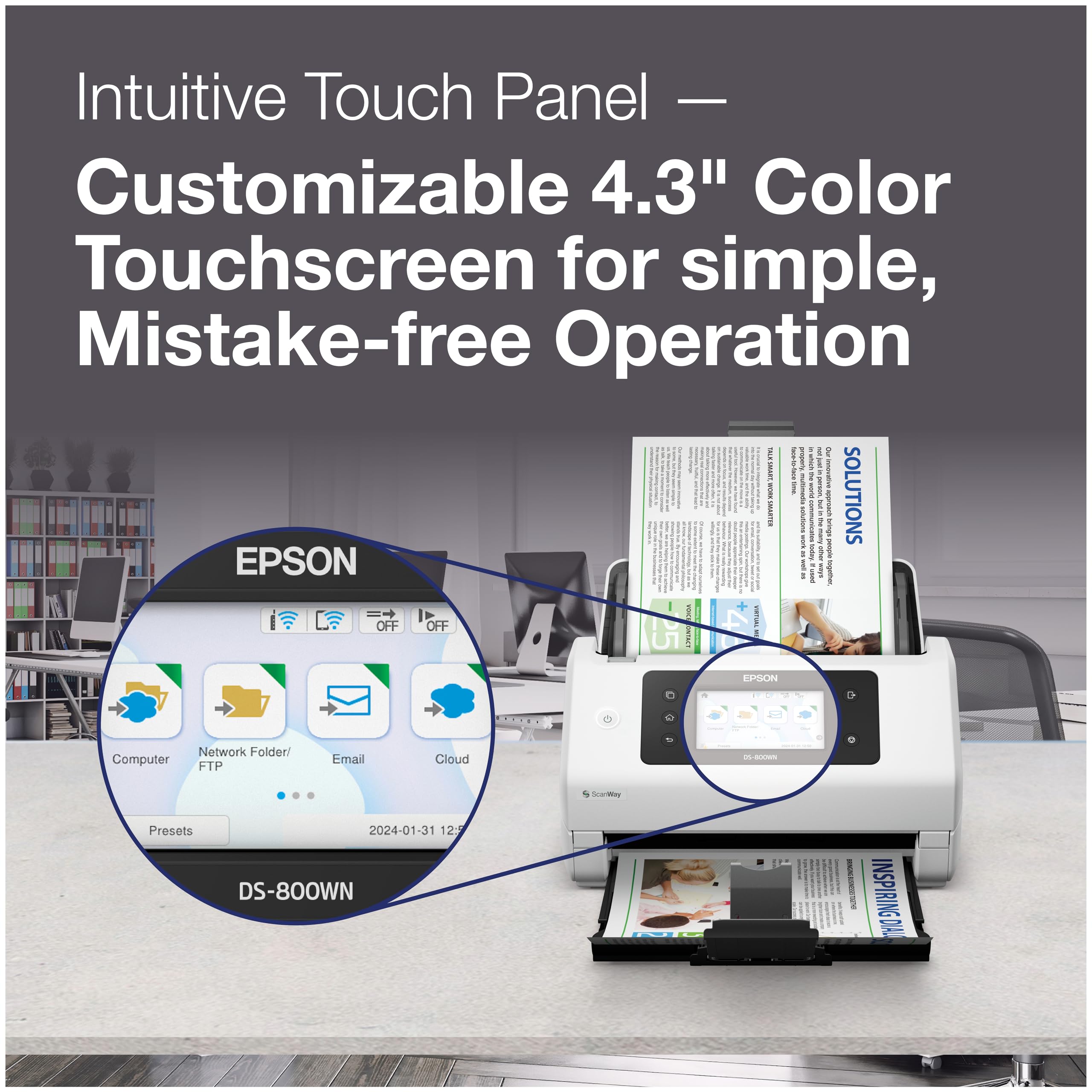 Epson DS-800WN EdgeLink Wireless Network Scanner per documenti a colori con scansione fronte/retro, scansione senza PC, alimentatore automatico di documenti (ADF) da 100 pagine e touchscreen a colori