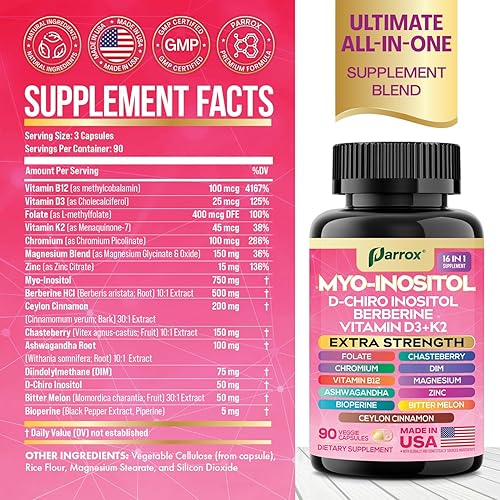 Miniatura 2 de Suplemento de mio-inositol, berberina, D-quiro inositol, folato, cromo, vitamina D3, K2 y B12, DIM, Chasteberry, Ashwagandha, canela de Ceilán,