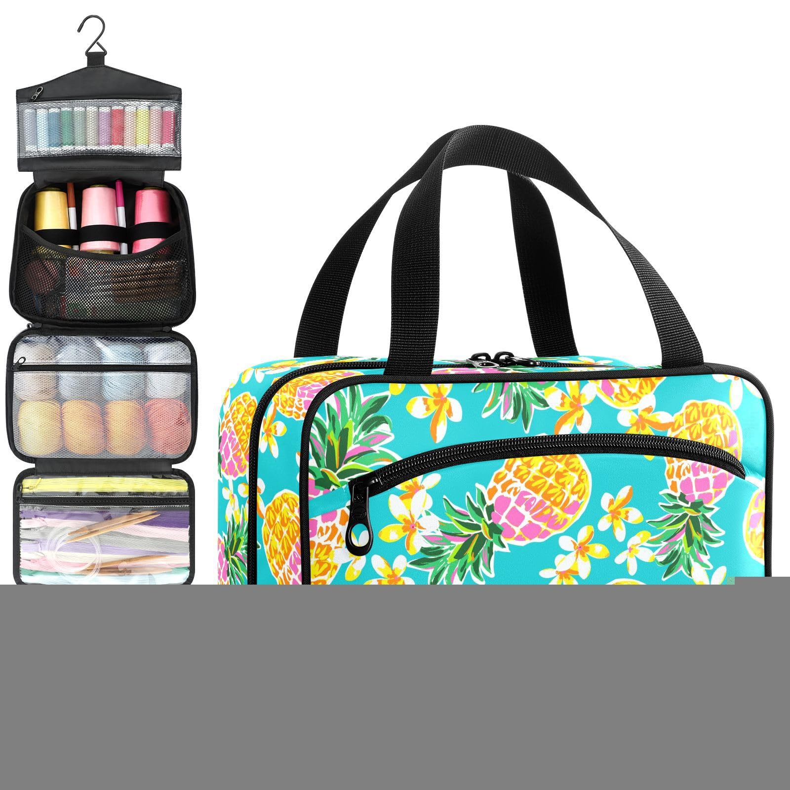 YNNALE Sewing Supply Organizer Bag, Tropical Floral PineapplesPortable Sewing Bags with Pockets&Hanger, Sewing Storage Box Case for Sew Supplies/Kit/Tools/Accessories (BAG ONLY)