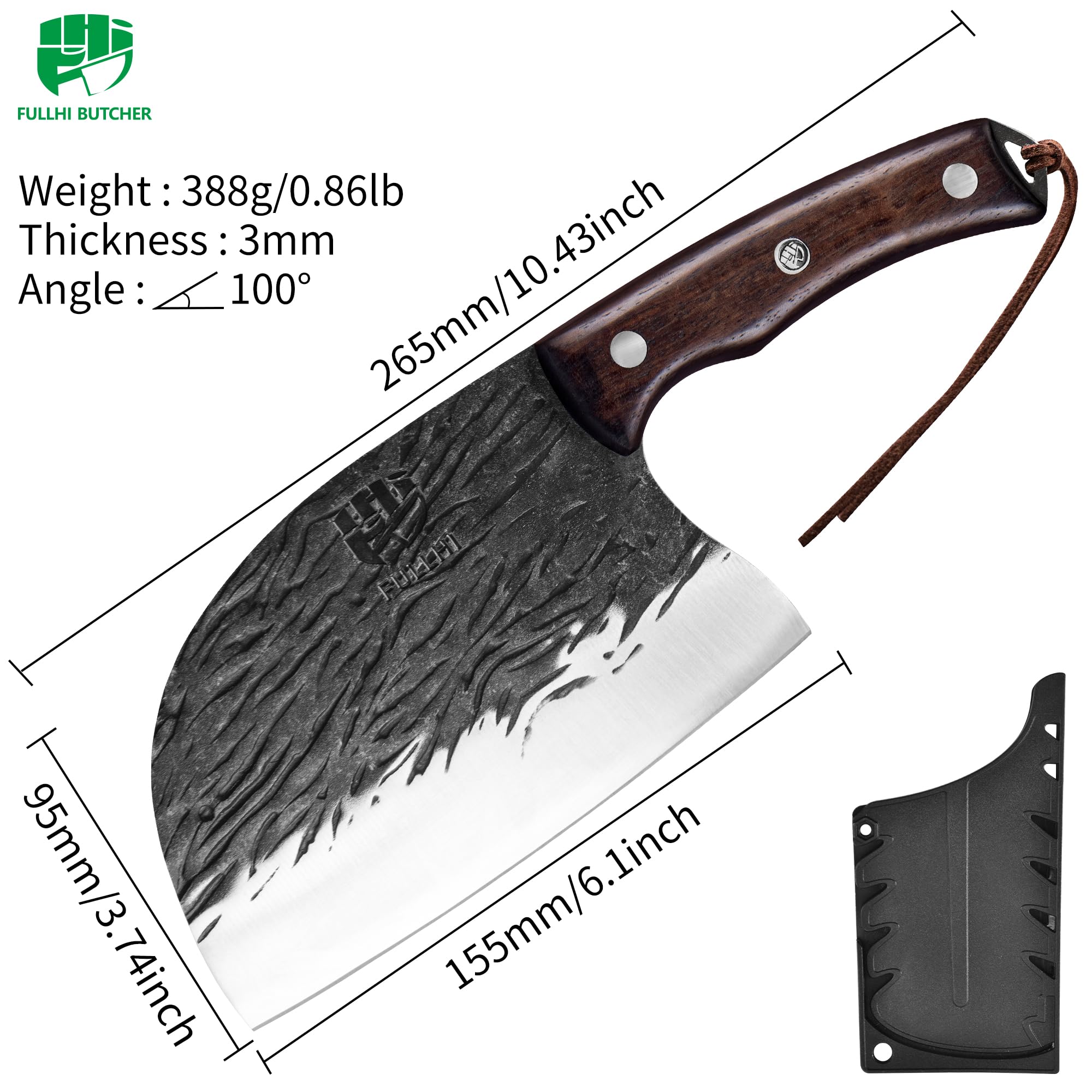 FULLHI Coltello da macellaio con fodero, coltello da cuoco serbo Tang, coltello da verdure con mannaia in acciaio al carbonio per esterno, campeggio