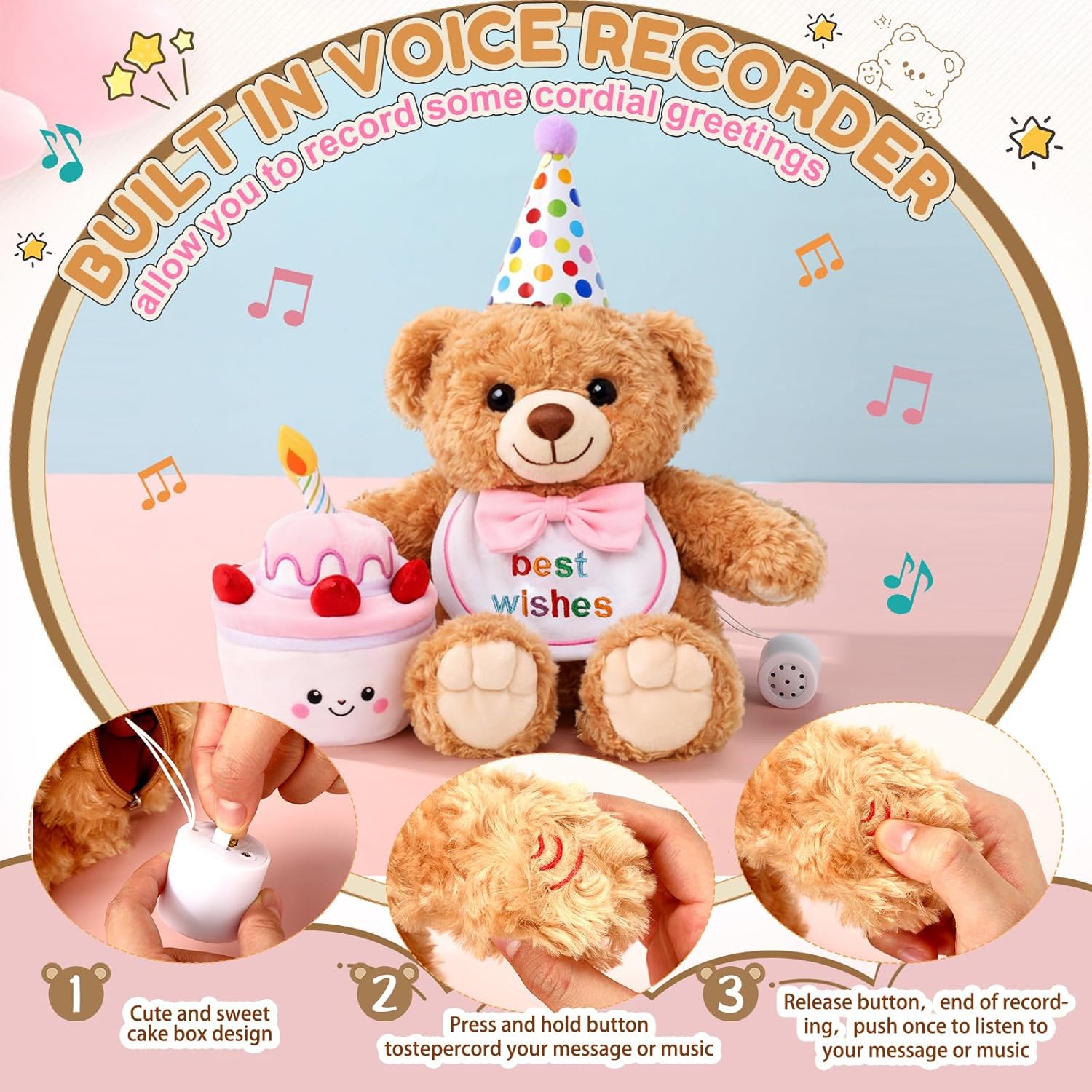 Halloscume Birthday Teddy Bear with Voice Recorder and Cake 12 Inch Musical Stuffed Animal Bear Plush Toy Recording Interactive Animated Gift for Birthday