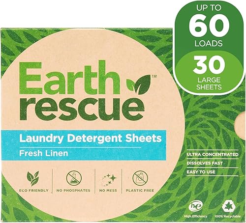 Earth Rescue 30 hojas de detergente para ropa de lino fresco, ecológicas, tecnología sin líquidos, biodegradable, sin plástico, ideal para pieles