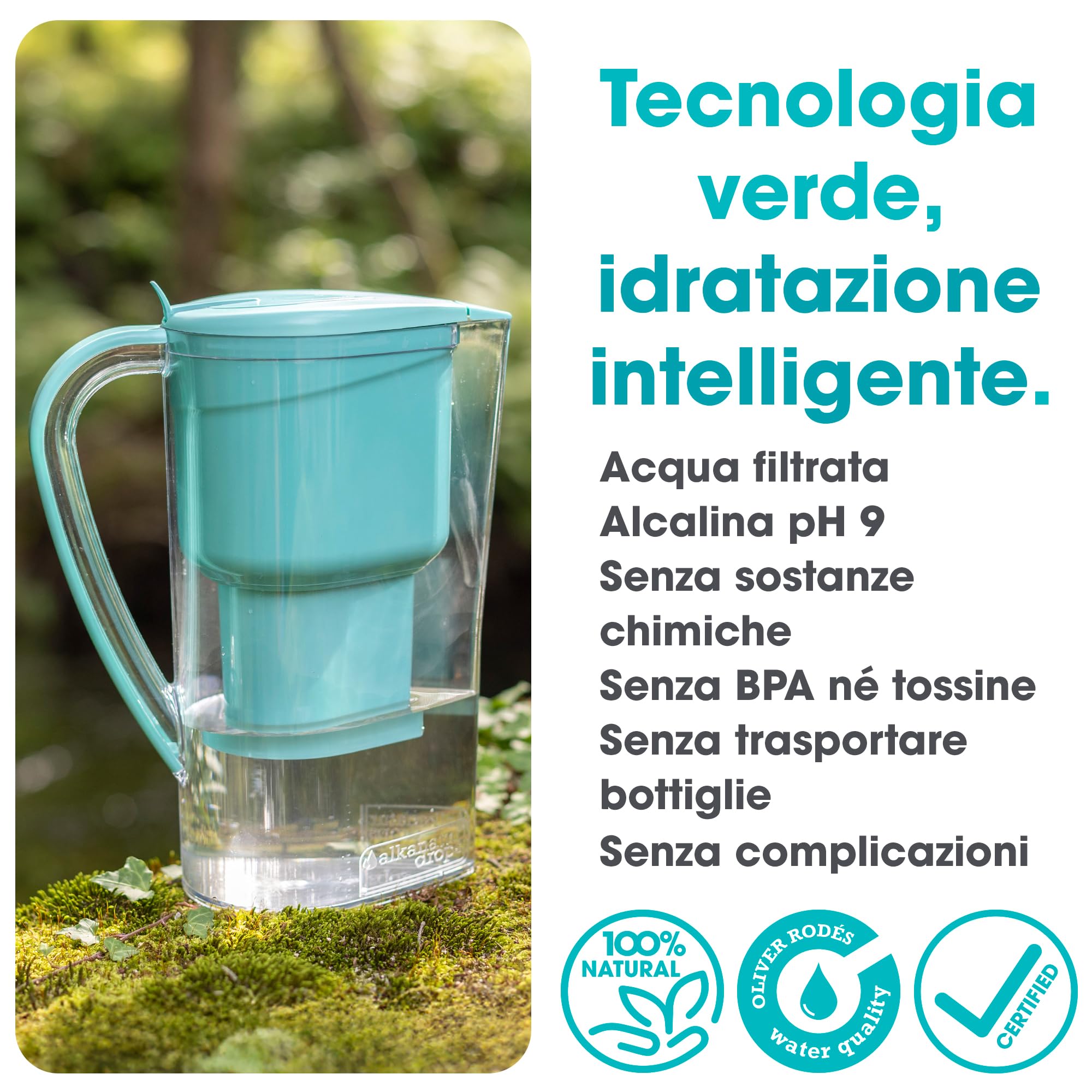ALKANATUR Caraffa filtrante acqua Alkanatur Drops | Idrogena + ionizza + apporta magnesio | Elimina cloro + metalli + batteri | Normativa UNE 149101:2015 | Capacità 1.4L senza sostanze tossiche