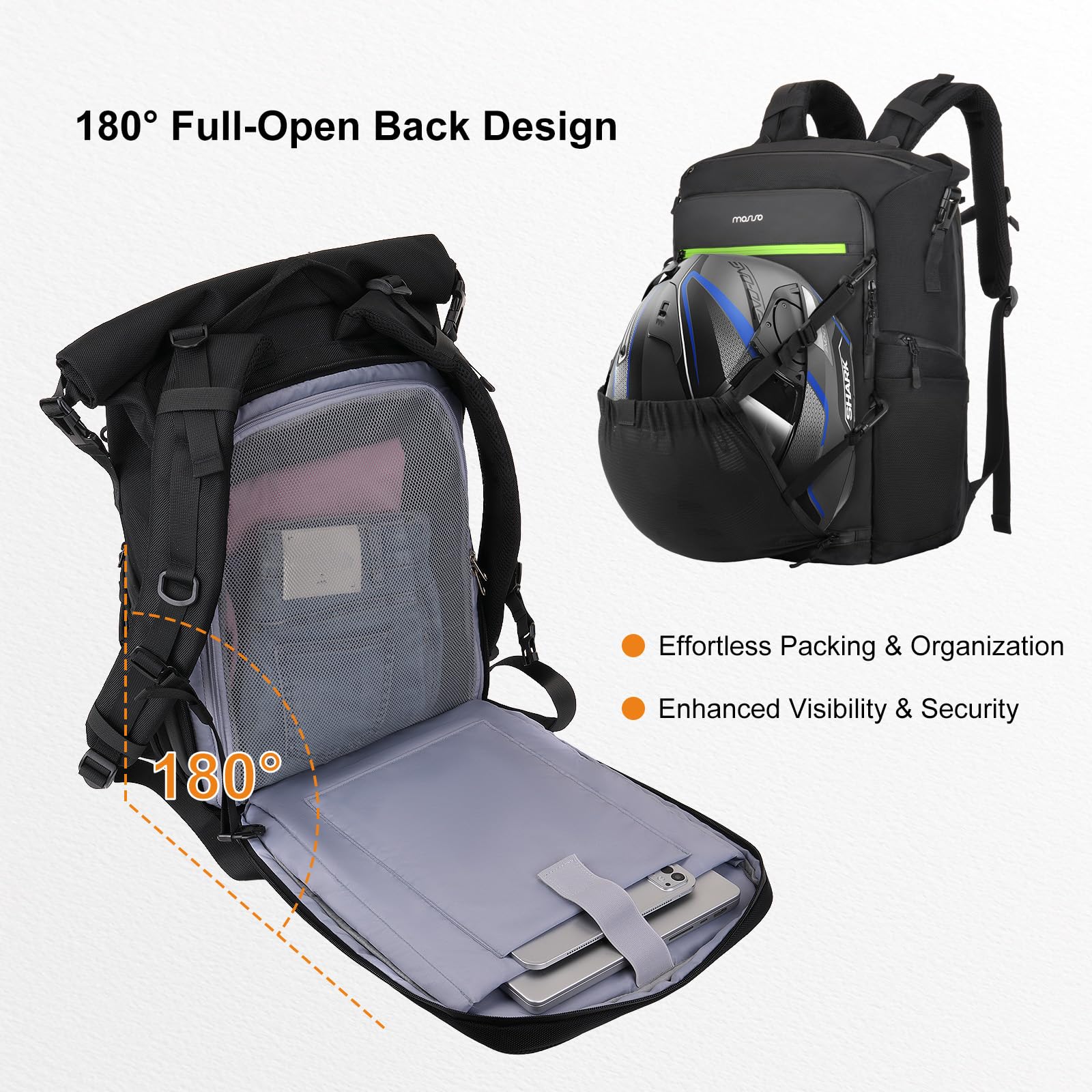 MOSISO Zaino Portacasco Moto, Zaino Equitazione Grande Capacita per Motociclisti, Borsa Espandibile per Casco Moto con Scomparto Posteriore Completamente Aperto per Laptop e Rete Nascosta, Nero