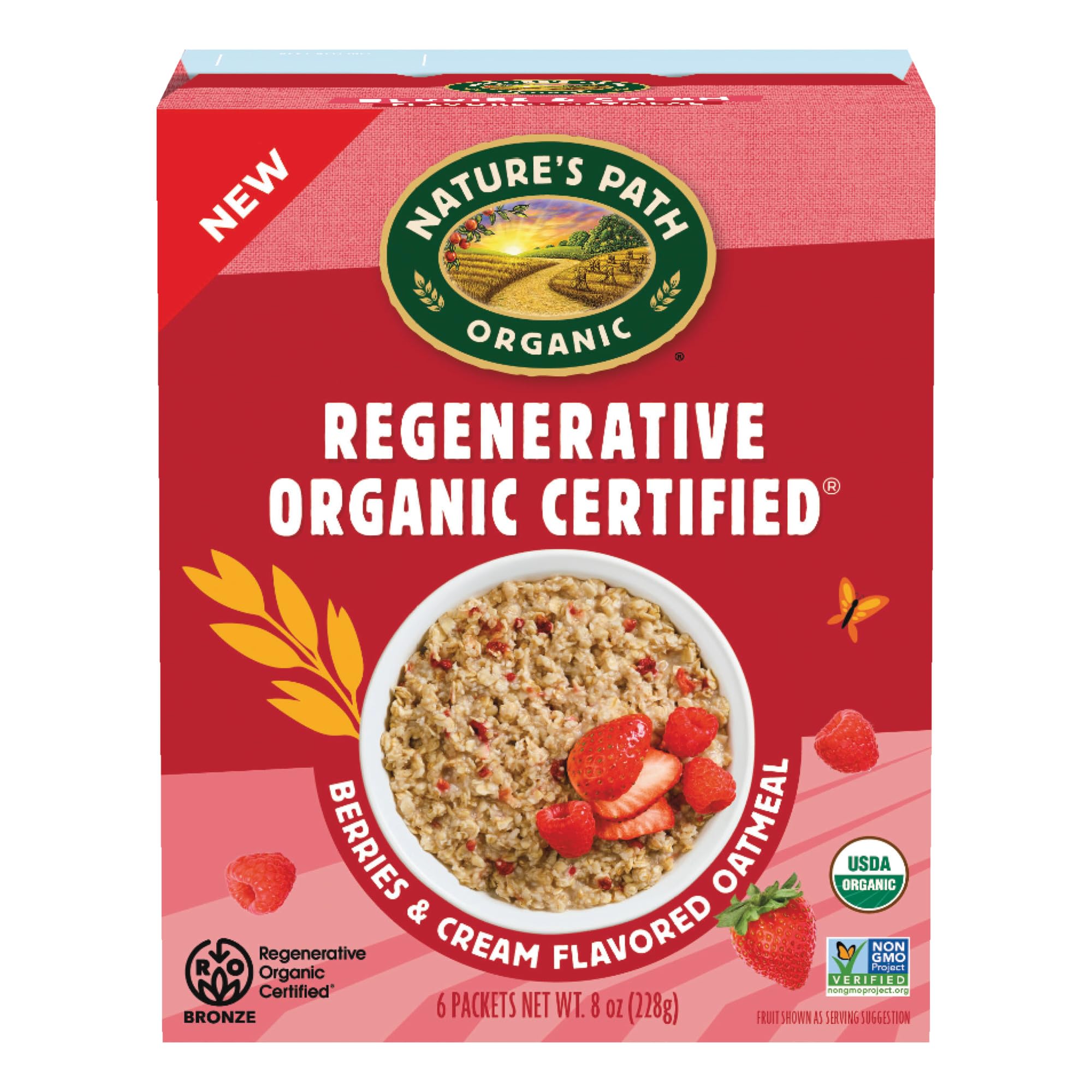 Nature's Path Organic Regenerative Organic Certified Berries & Cream Instant Oatmeal, 8 oz (Pack of 1), Non-GMO