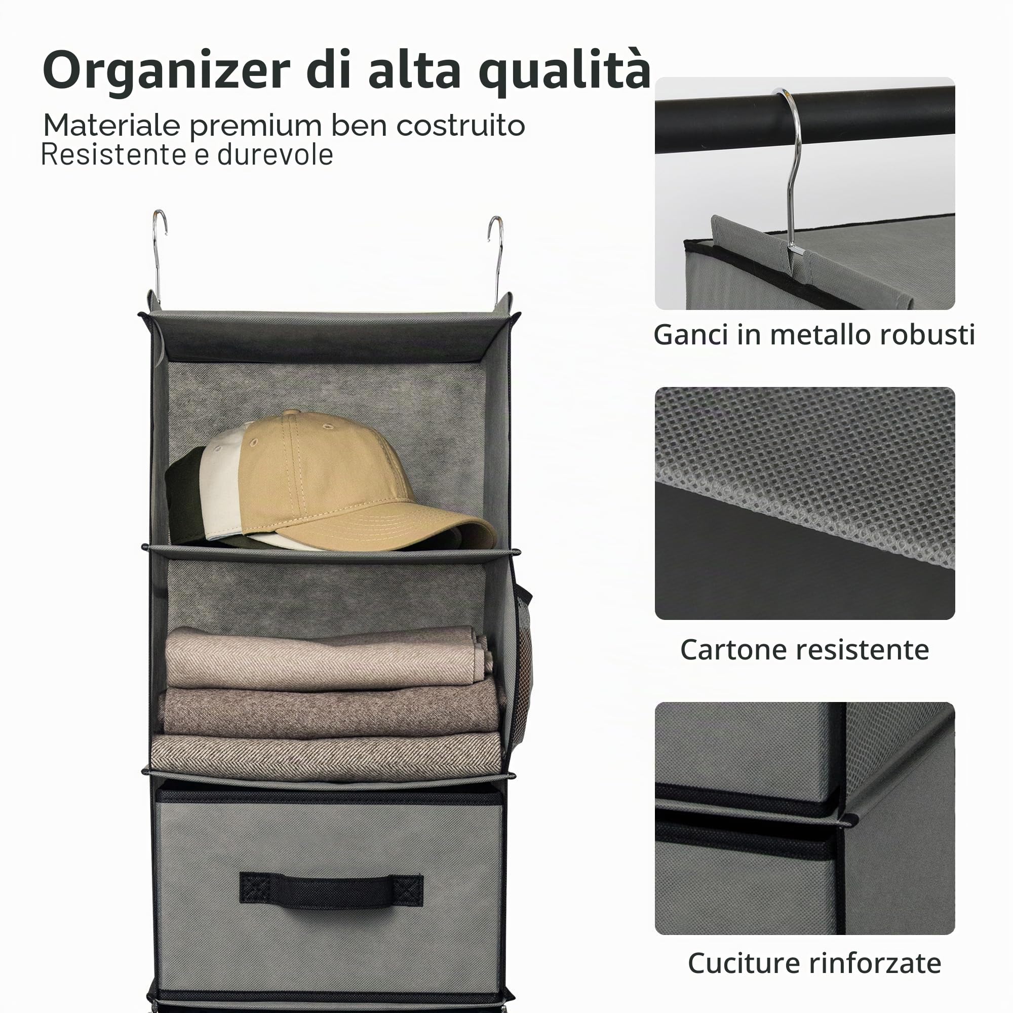 GRANNY SAYS Organizzatore per guardaroba a 6 ripiani, separabile da 2 confezioni di ripiani a 3 ripiani, cassetti pensili per guardaroba - Grigio