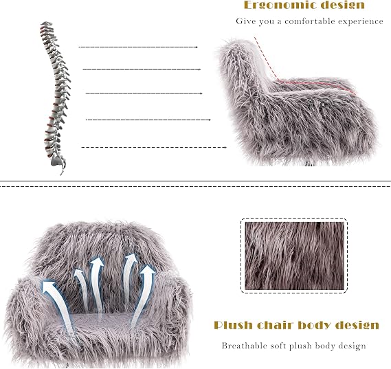KCC Fluffy Desk Chair, Faux Fur Modern Swivel Armchair with Wheels,Gray | Home Office Chair Soft Comfy Fuzzy Elegant Accent Makeup Vanity Chairs for Women Girls,Living Room Dressing Room Bedroom