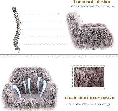 KCC Fluffy Desk Chair, Faux Fur Modern Swivel Armchair with Wheels,Gray | Home Office Chair Soft Comfy Fuzzy Elegant Accent Makeup Vanity Chairs for Women Girls,Living Room Dressing Room Bedroom