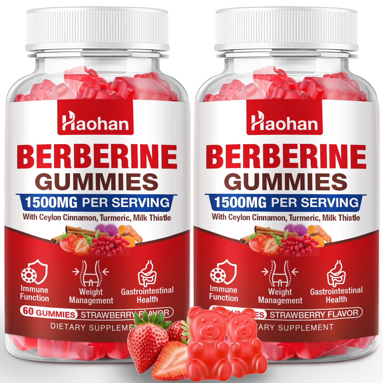Haohan Berberine Gummies, 1500mg High Potency Berberine HCl, Ceylon Cinnamon, Milk Thistle, Immune System & Metabolism Support, Vegan, Strawberry Flavor, 120 Count