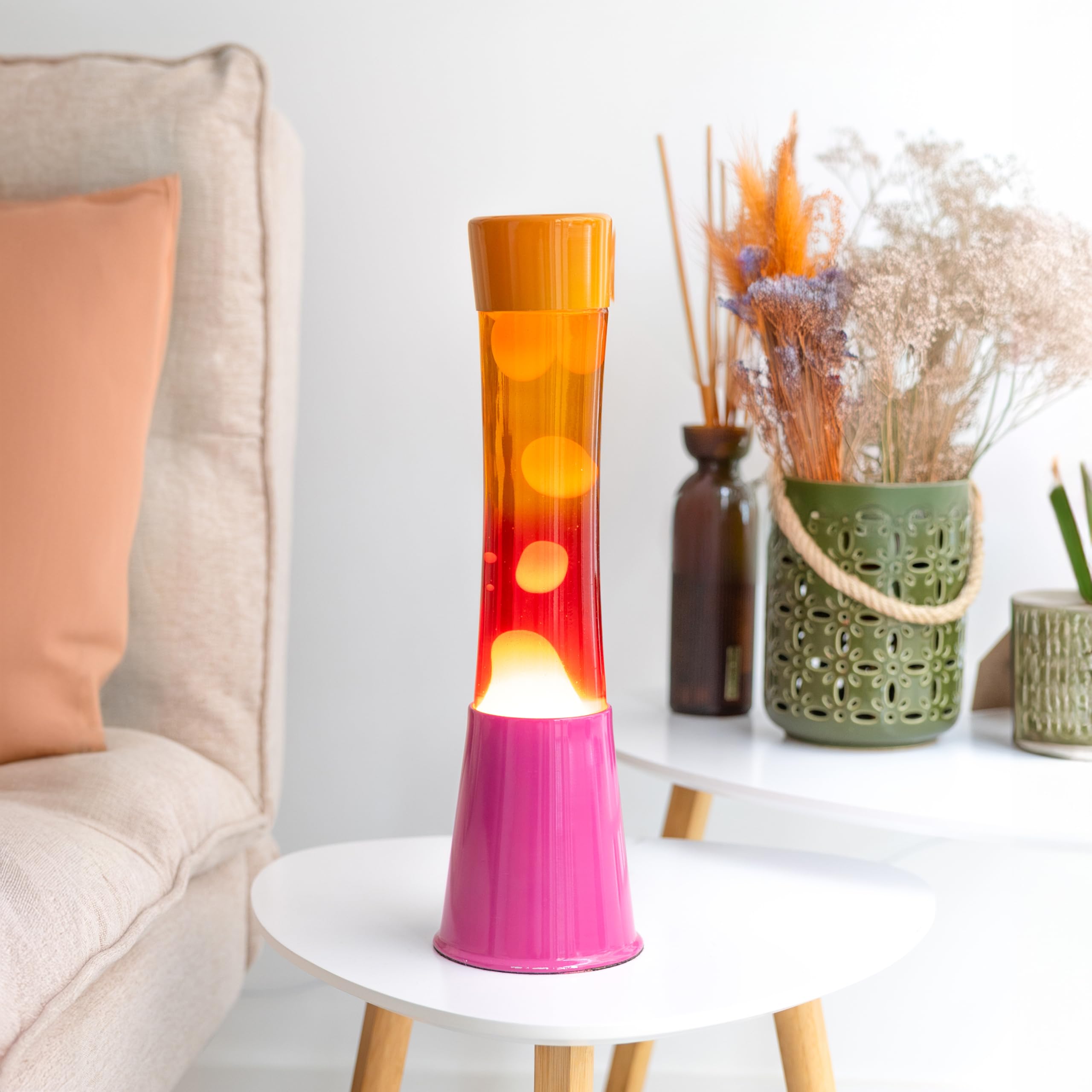 Fisura - Lampa lawowa ombre różowo-pomarańczowa. Podstawa różowa, szkło z efektem ombre i pomarańczowa nakrętka. Lampa o relaksującym efekcie. Z zapasową żarówką. Wymiary: 11 cm x 11 cm x 39,5 cm.