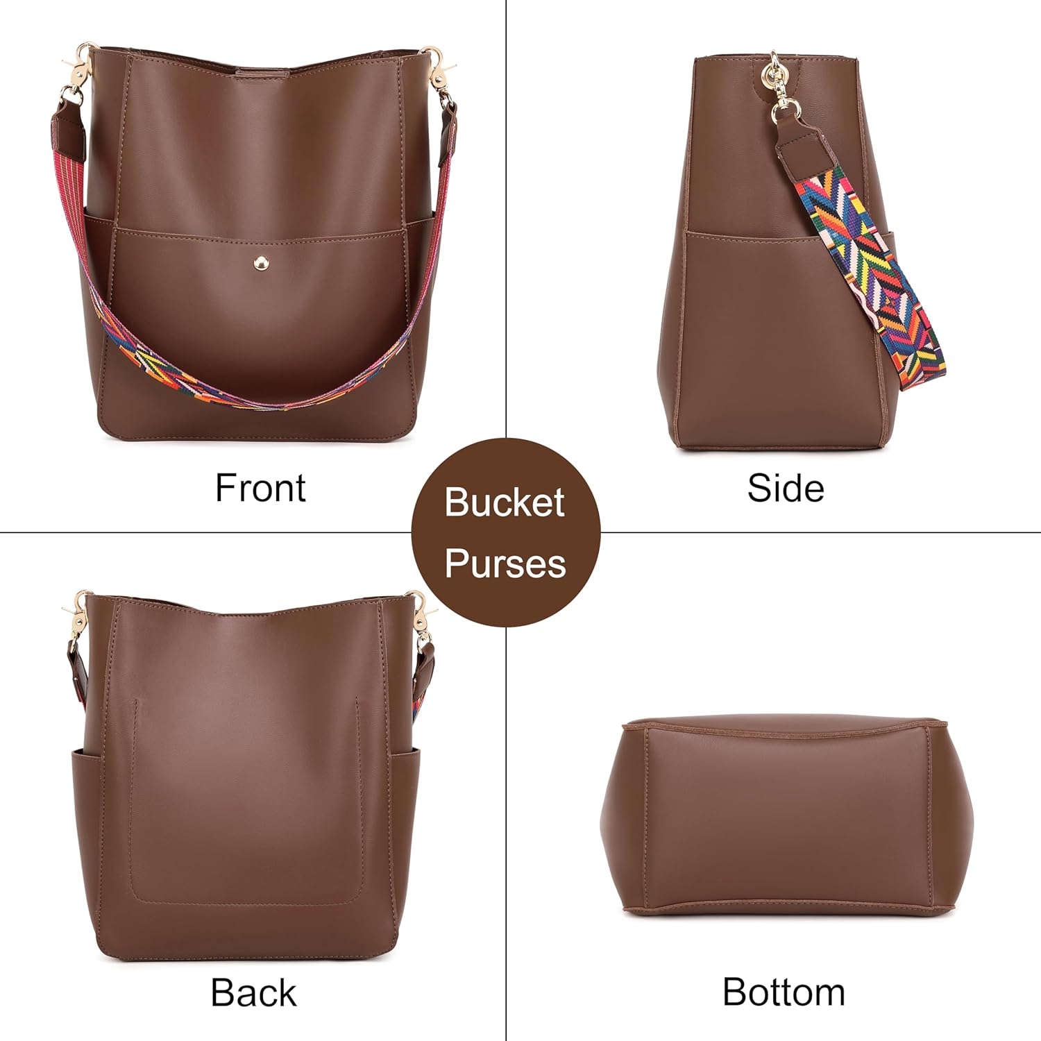 Bucket Purses for Women Designer PU Leather Bucket Bags With 2 Adjustable Guitar Strap Hobo Bags for Women - Image 2