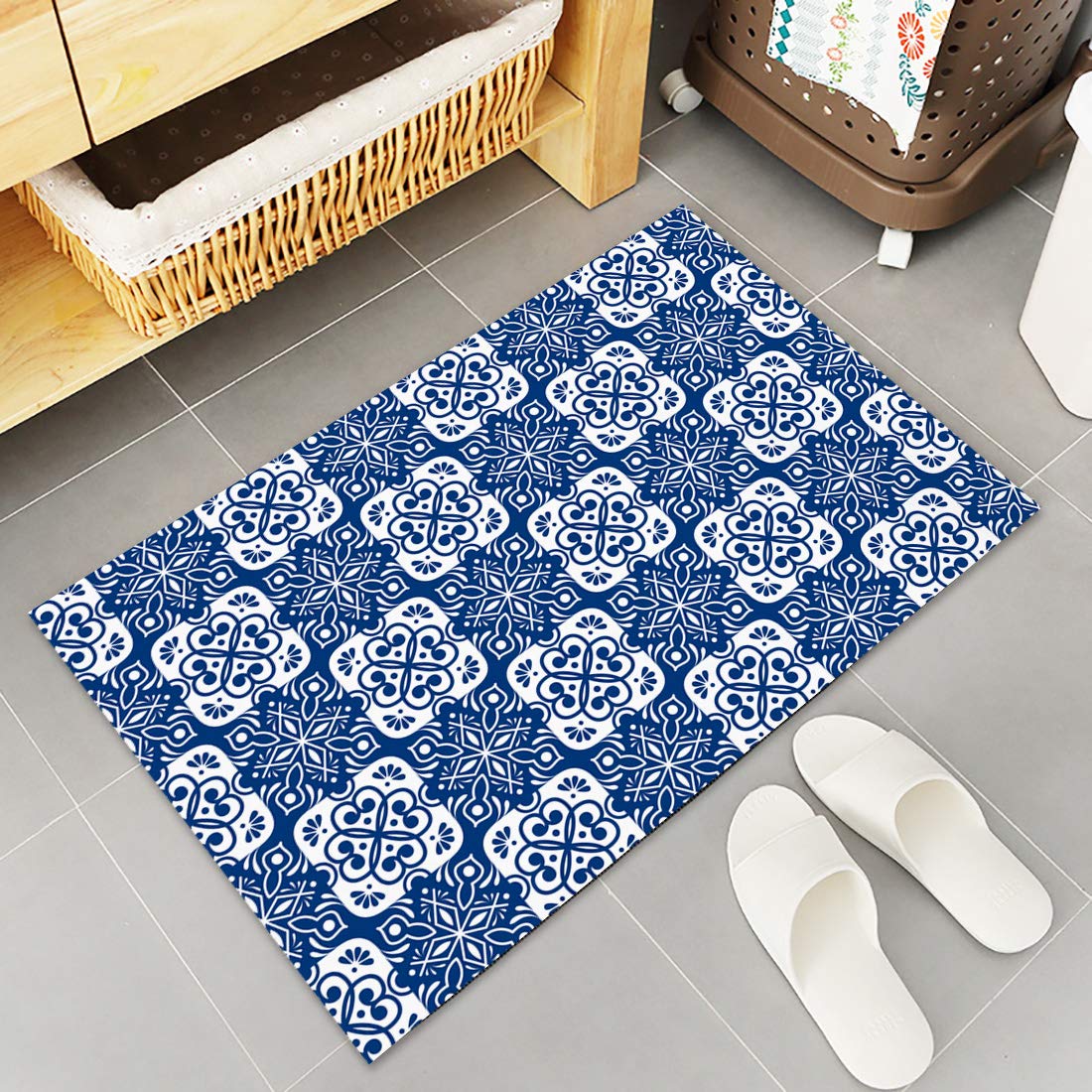 LOT BASIC Universal Abstract Door Mat 16x24inch Indoor Entrance Doormat Low Profile Doormats Welcome Mat for Front Door, Patio, Modern Geometric Ceramic Mosaic Tiles Blue