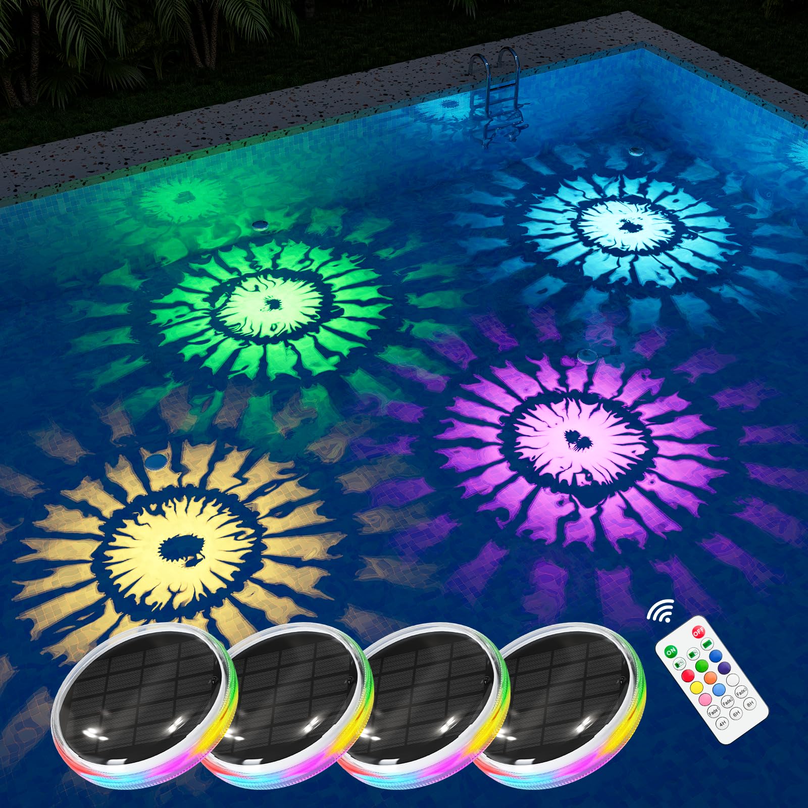4-Pack RGB Solar Floating Pool Lights with Remote, Waterproof