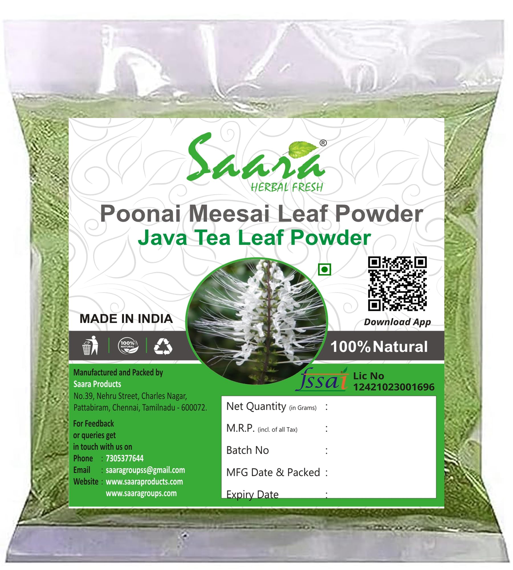 SAARA Herbal Fresh Poonai Meesai Powder,100G, Cat Whiskers Plant, Orthosiphon Stamineus, Java Tea Leaf, Seeraga Tulsi Powder,(Pack Of 1 X 100G), Vegetable Masala (B0917J4DBN) Amazon Price History, Amazon Price Tracker