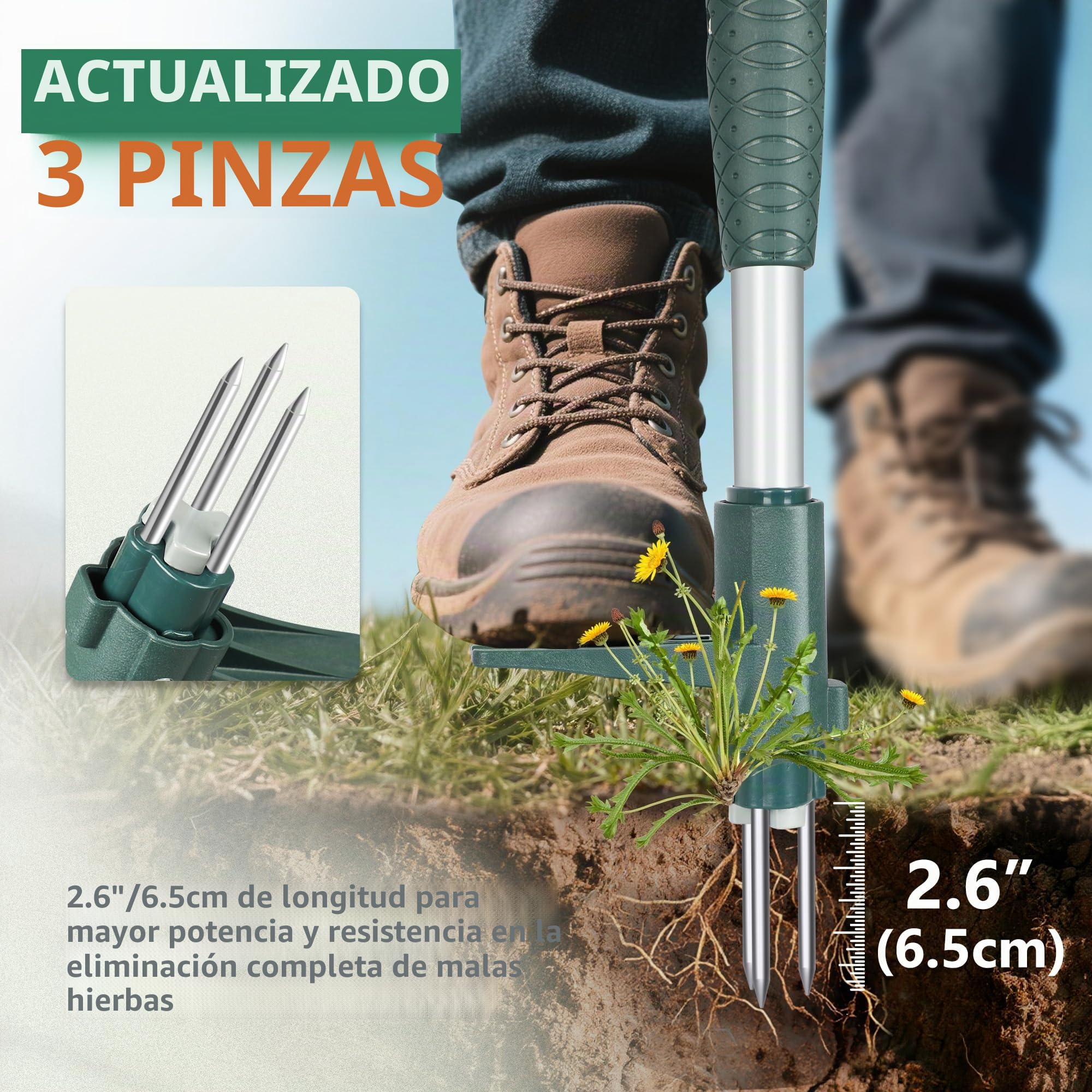 ORIENTOOLS Extractor de malas hierbas de pie, herramienta de mano con 3 garras para diente de león, herramienta de extracción de raíces de malas hierbas con giro de acero, mango largo de 100 cm