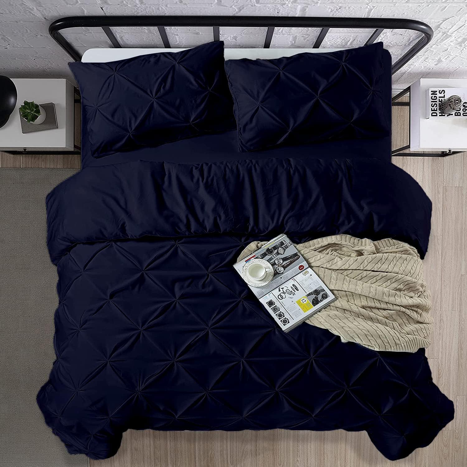 Crown Collection Luxuriate Hotel 1000 TC Hypoallergenic Ultra Soft 100% Egyptian Cotton California King 98"x104" Navy Blue Solid Pinch Plated Duvet Cover with Zipper Colser & 2pcs Pillow Case Set