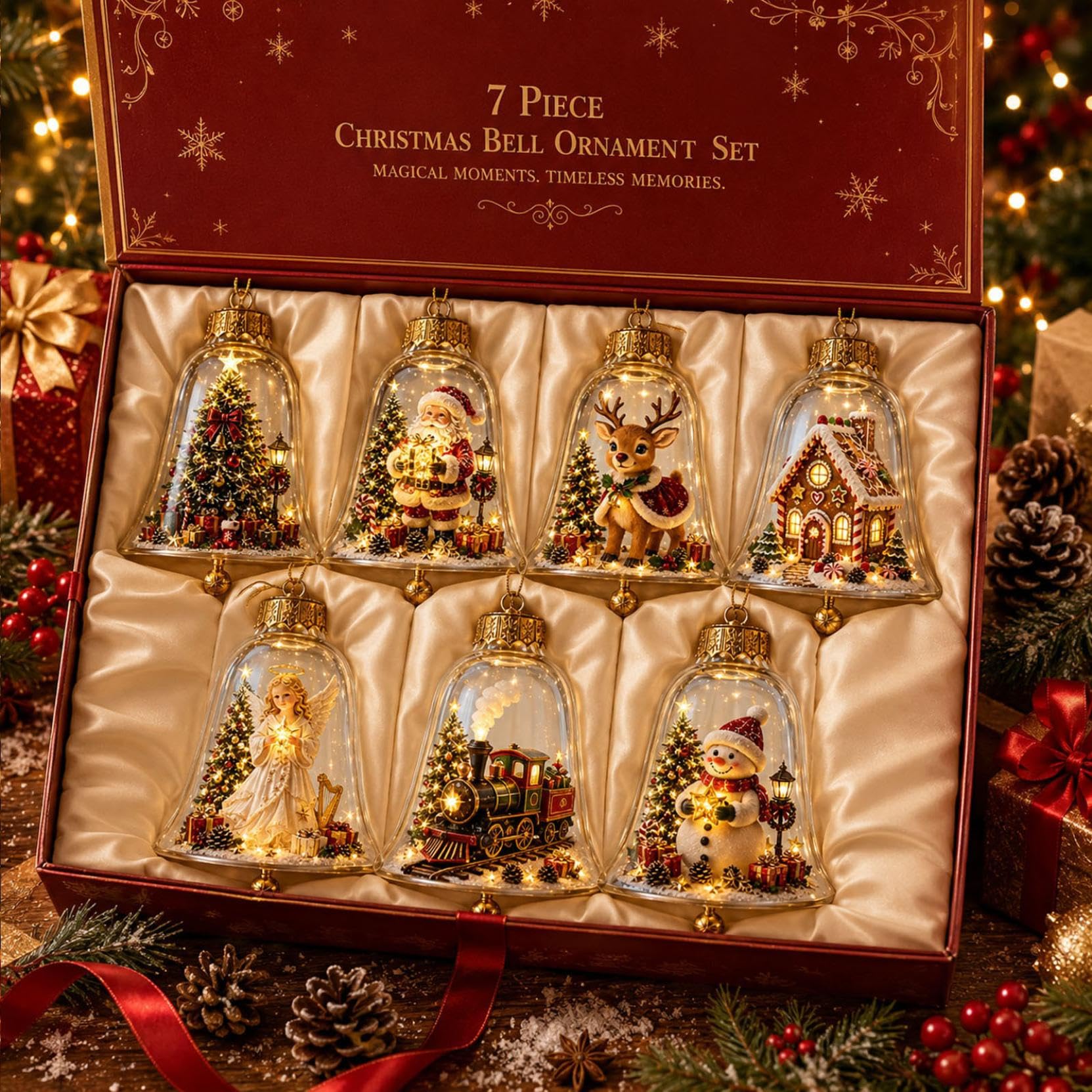 3D Glowing Christmas Story Ornament, Miniature Xmas Scene in Clear Acrylic Ball with Warm Led Light, Festive Keepsake Gift for Home Xmas Party Decoration (7, 7PCS)