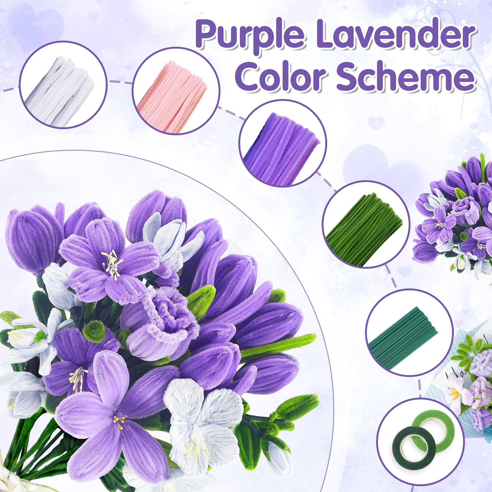 18 Couleur Fil Chenille 1000 Pièces Cure Pipe Chenille Loisir Creatif | Pipe Cleaners Tulipes avec Ruban de Fleuriste et Tige Fleur pour Fournitures de Bouquet de Fleurs et de Décoration DIY