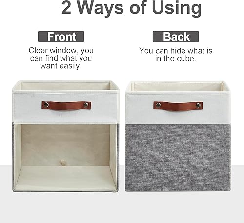 Miniatura 8 de Cubos de almacenamiento con ventana transparente de tela de lino plegables con asas, 13 x 13 pulgadas, almacenamiento plegable para estante y