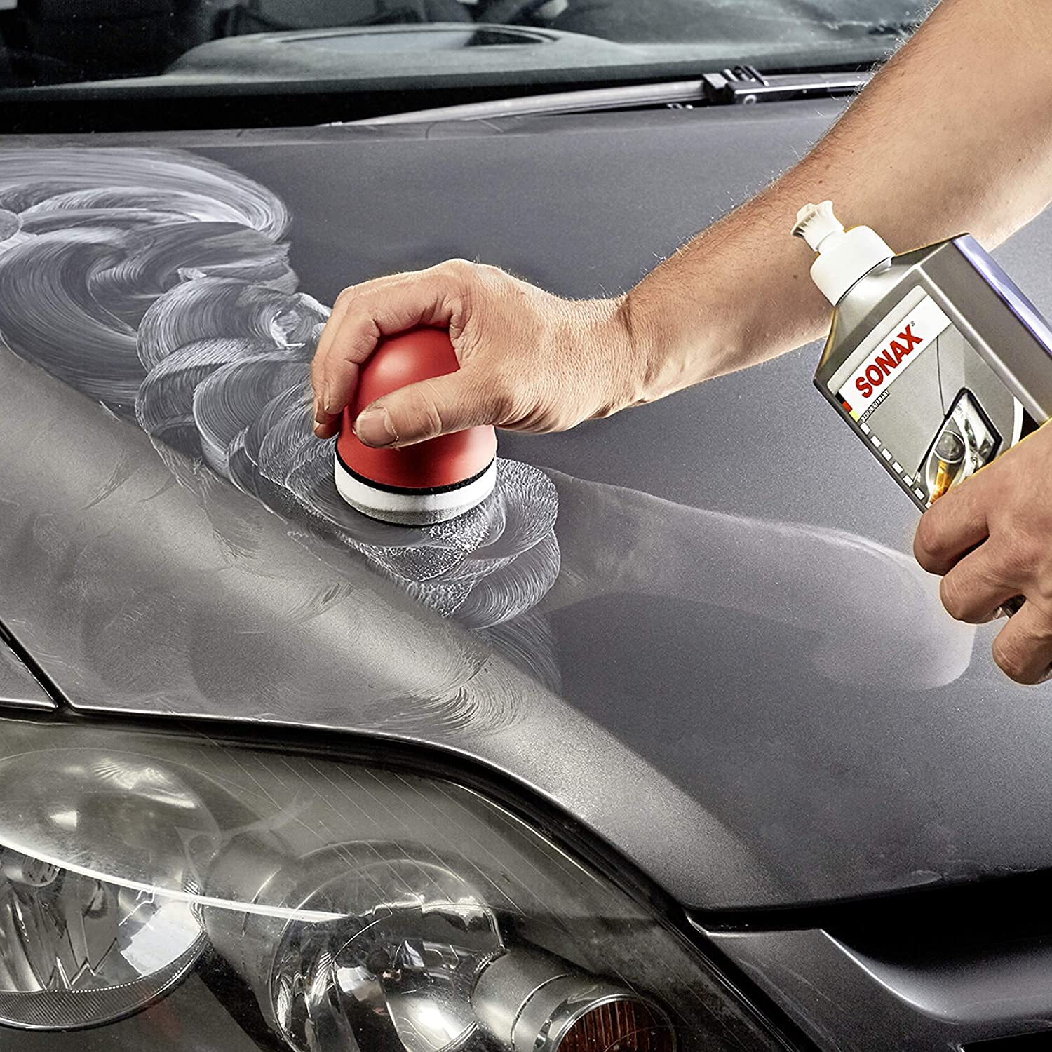 detailmate SONAX Hand Polier Set - SONAX Polish+Wax Color Silber/grau 500ml + Handpolierschwamm Puck im Verbundaufbau hart Ø90/50mm Edgeless Superflausch Mikrofaser Poliertuch 550GSM