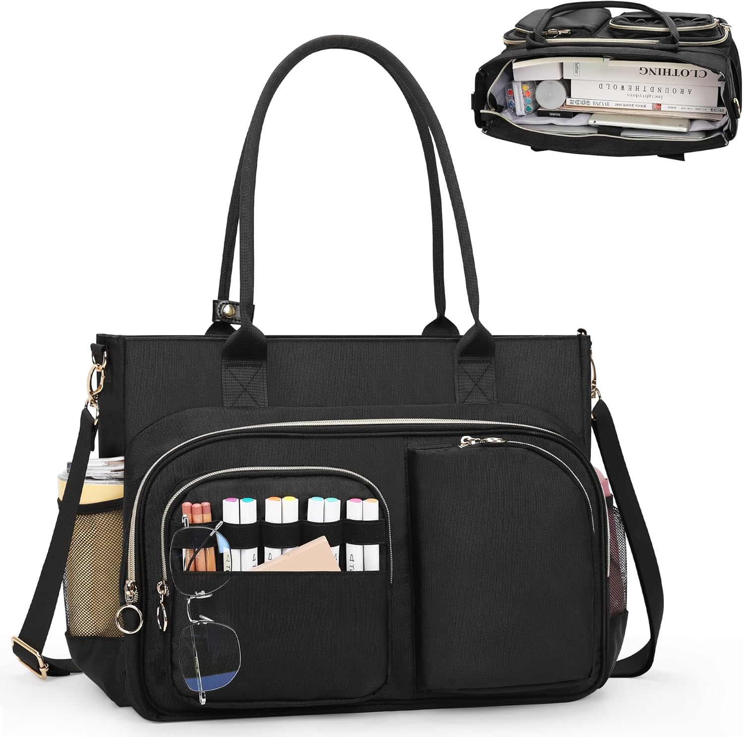 Laptop Tote Bag for Women, 15.6-Inch Teacher Tote Bag with Compartments, Lightweight Nurse Work Bag with Detachable Strap, Black Shoulder Bags for Travel, College, Business Trip