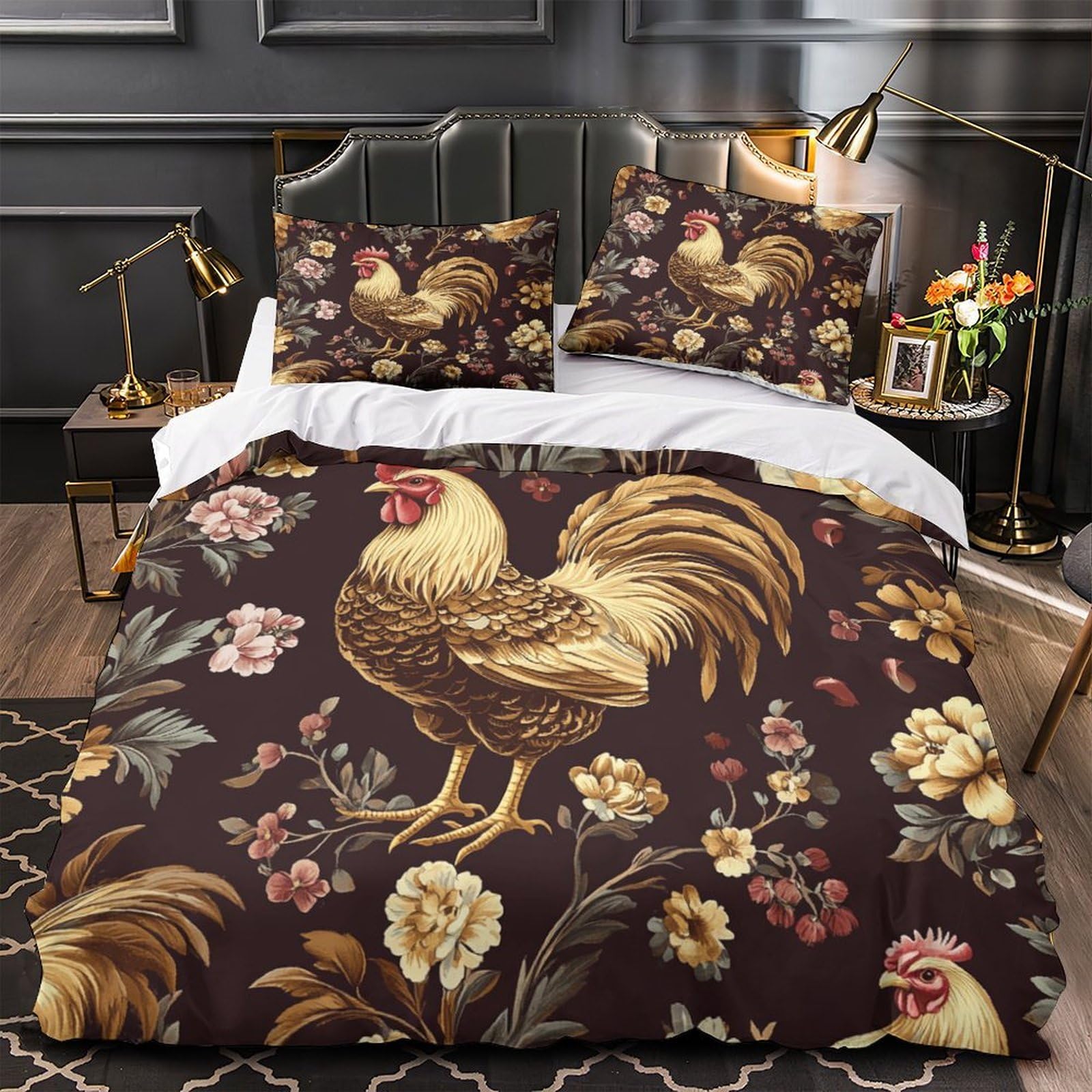 Housse de couette coq microfibre lavable en machine pour lit double avec 2 taies