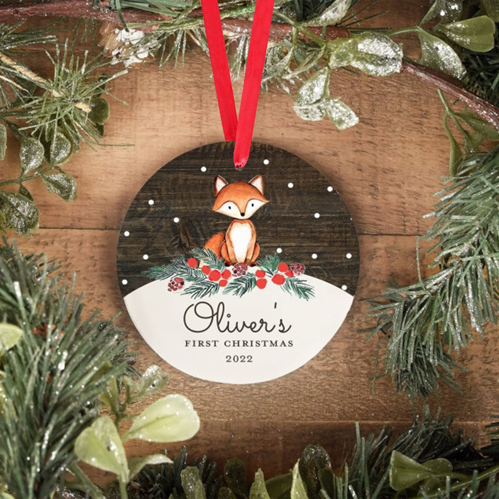 Zmoicky Baby's First Christmas Ornament, Personalized Woodland Fox and Snowflakes, Christmas Ornament Gift for Girls Boys