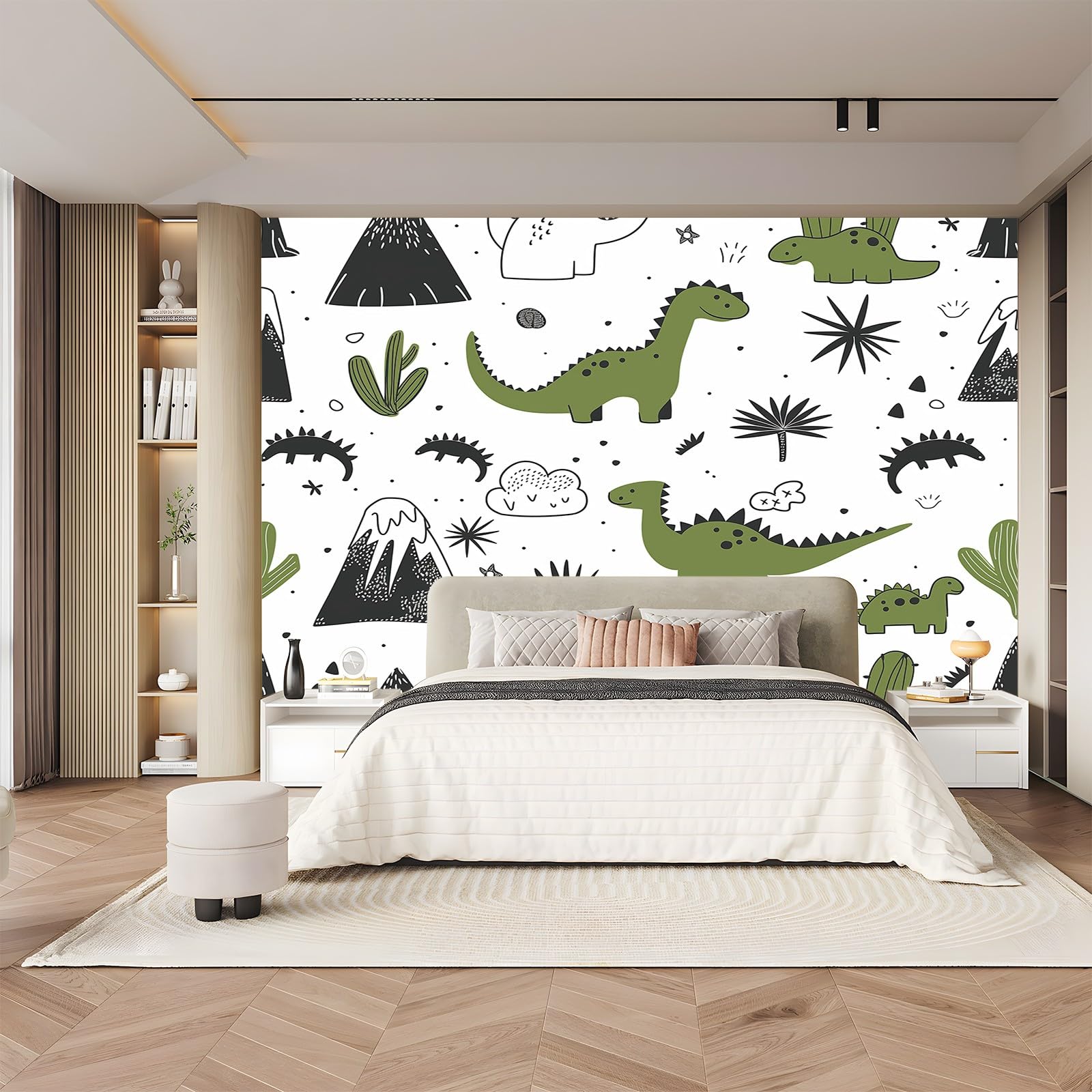 Tapety 250 x 175 cm tapeta z nadrukiem artystyczna tapeta z włókniny do różnych pomieszczeń uroczy dinozaur kreskówka roślina dekoracja ścienna salon sypialnia sypialnia zielony czarny
