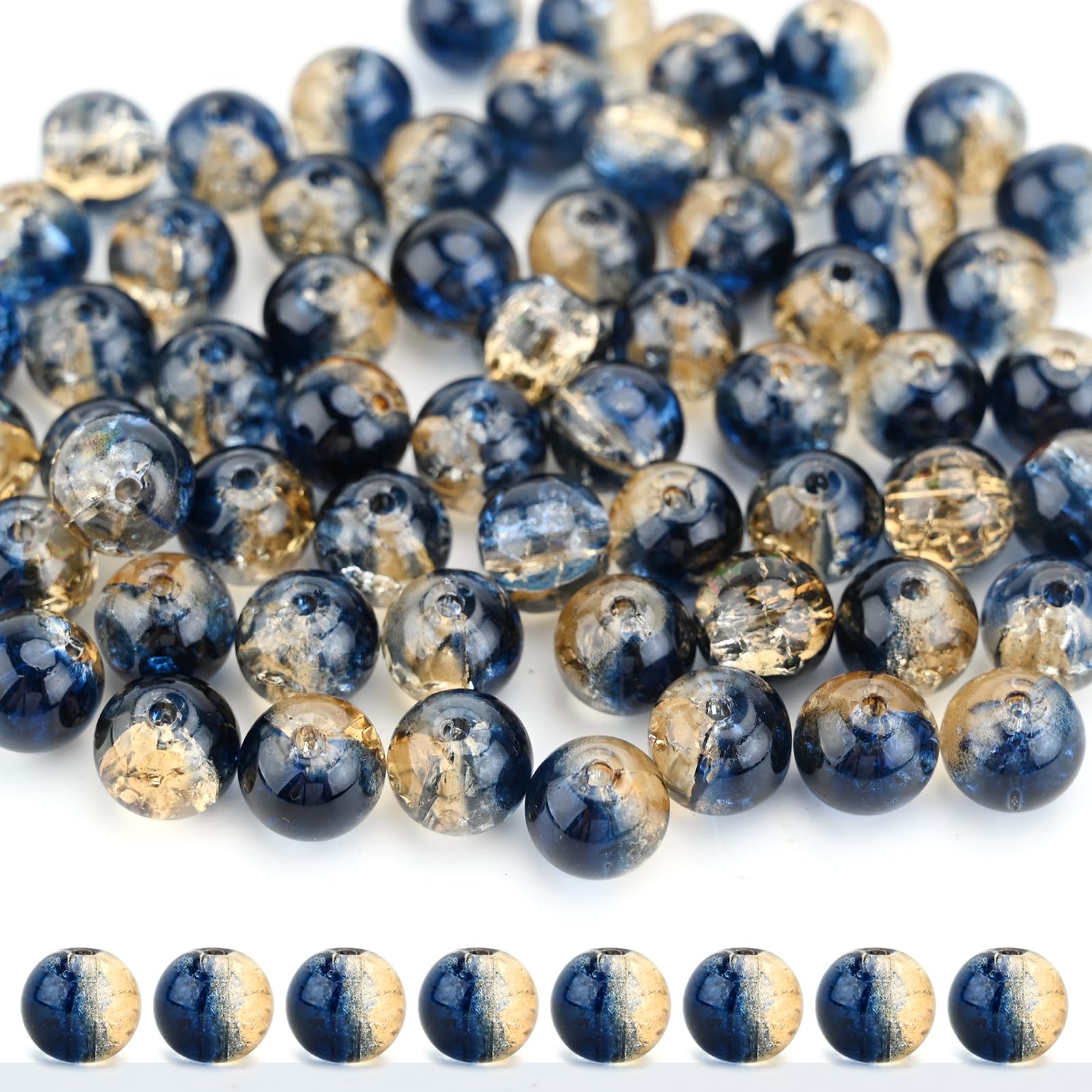 60 Pcs Crystal Beads Coloured Crafting Beads Round Loose Gemstone Beads DIY Smooth Stone Beads with Holes Jewelry Making Crackle Spacer Strand Beads for Bracelet Necklace Earrings Decorations (Gold)