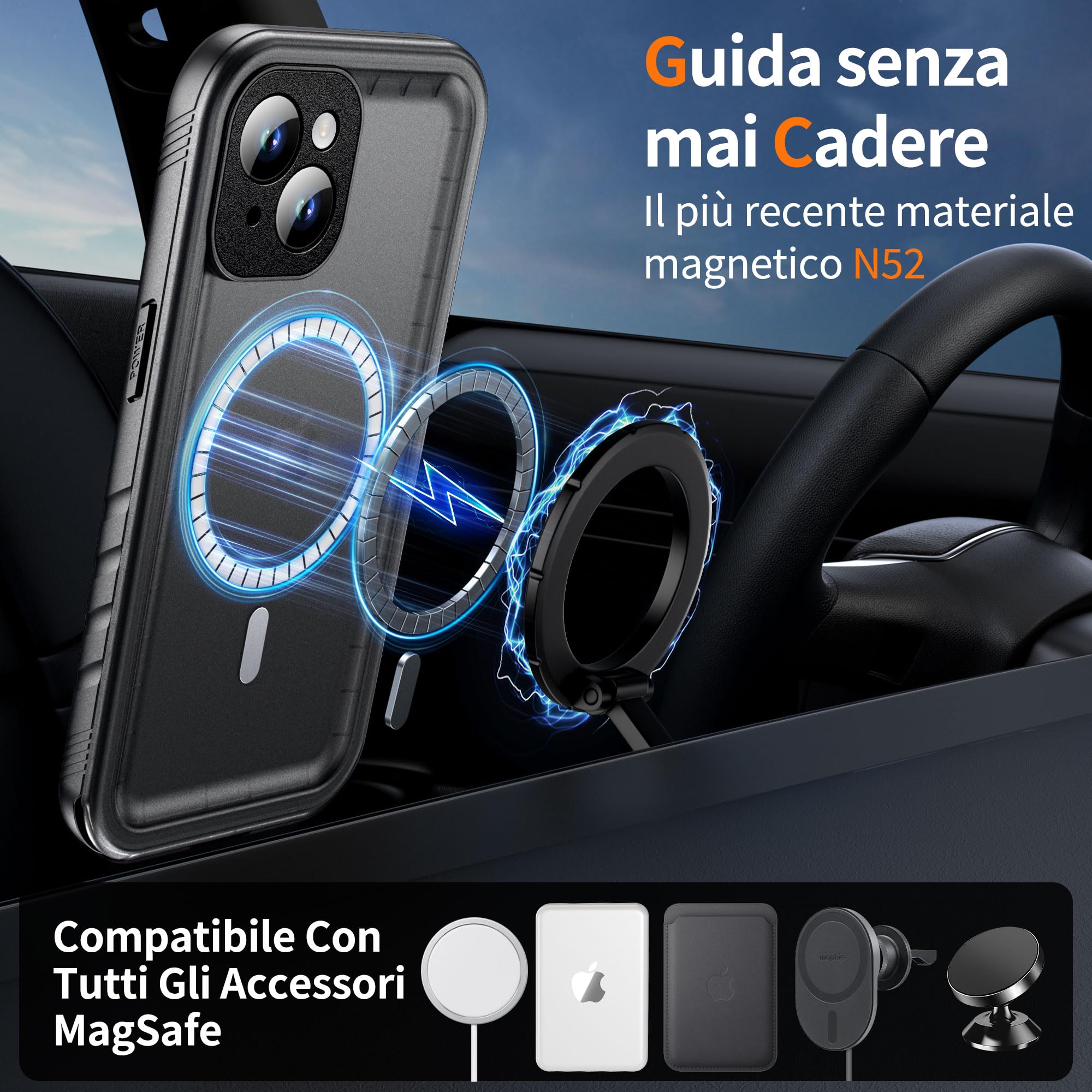 Cozycase Cover TOP 360 Antiurto IP68 Impermeabile Per iPhone 13 | Magnetica Per Magsafe, Rugged Militare, Subacquea Waterproof Case Anti Urto Resistente Antipolvere, Custodia Integrale. Nero
