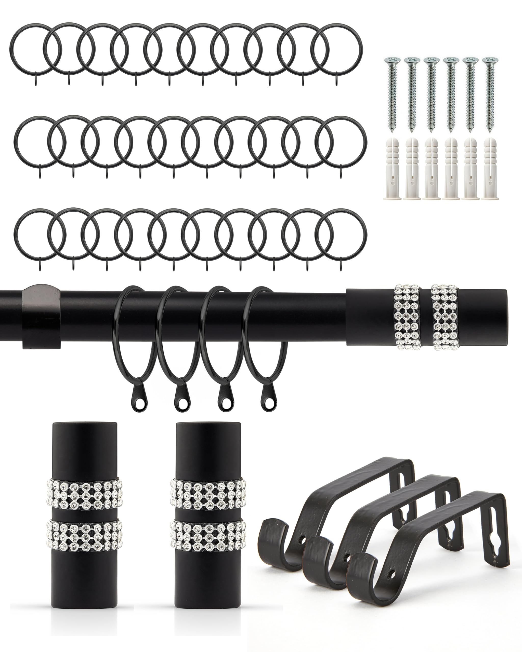 Emma Barclay Curtain Pole With Rings Extendable Diamante Black 160-300Cm