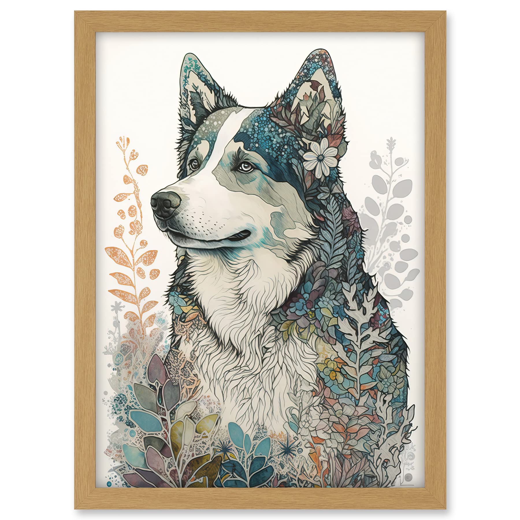 Artery8 Siberian Husky Dog Nature Spirit Animal Modern Multicoloured Illustration Artwork Framed A3 Wall Art Print