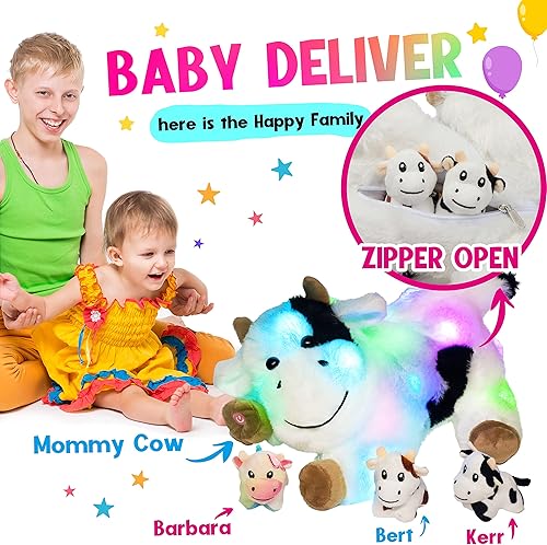 Miniatura 6 de Hopearl Vaca de peluche LED que ilumina a mamá de peluche con 3 vacas lecheras en su barriga, juego de animales disquetes, luces nocturnas que