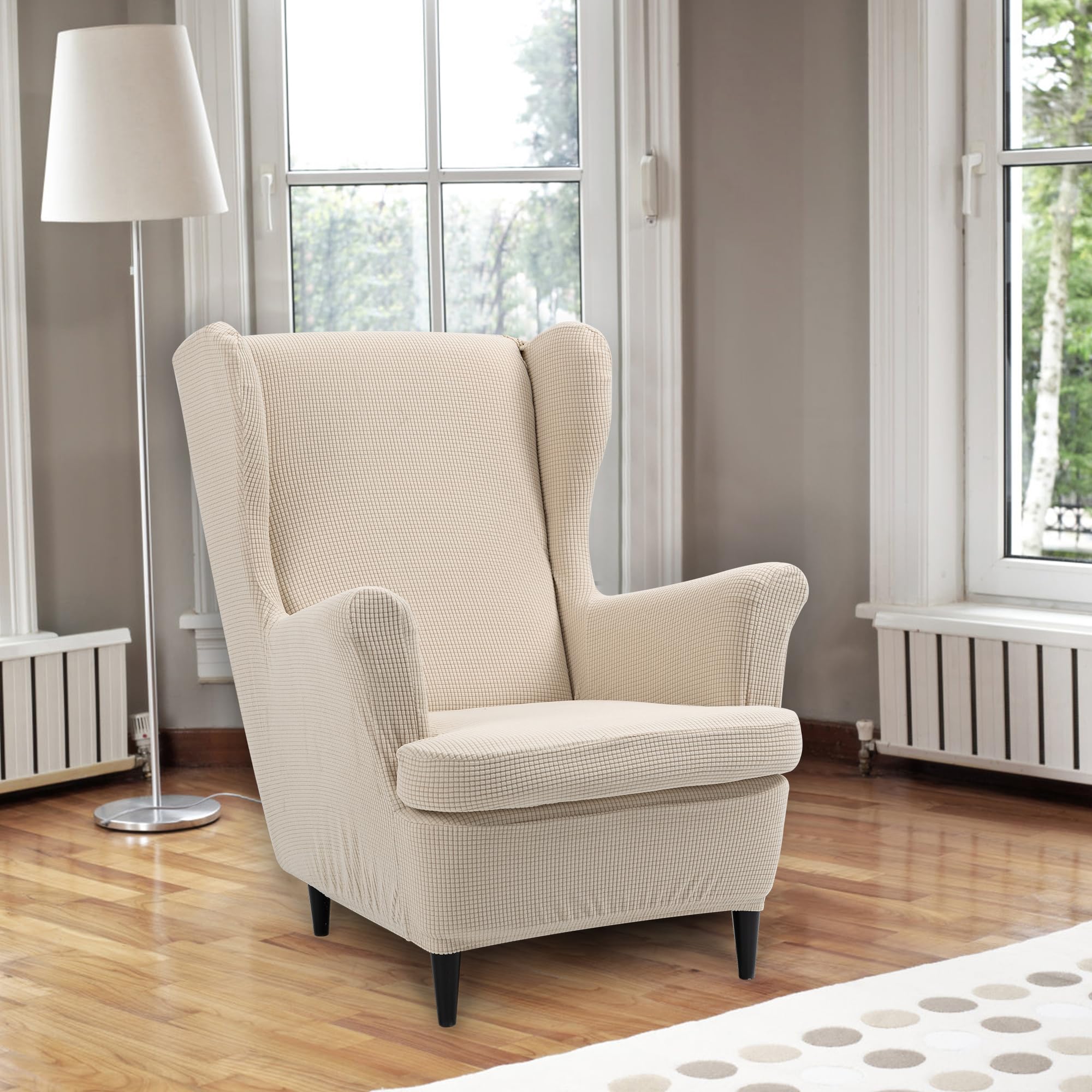 TIANSHU Housse de Chaise à Oreilles, Housse Fauteuil Antidérapante Tissu Jacquard Spandex avec Fond Élastique Protecteur de Meubles Lavable pour Salon Chambre d'Hôtel(Type B, Beige)