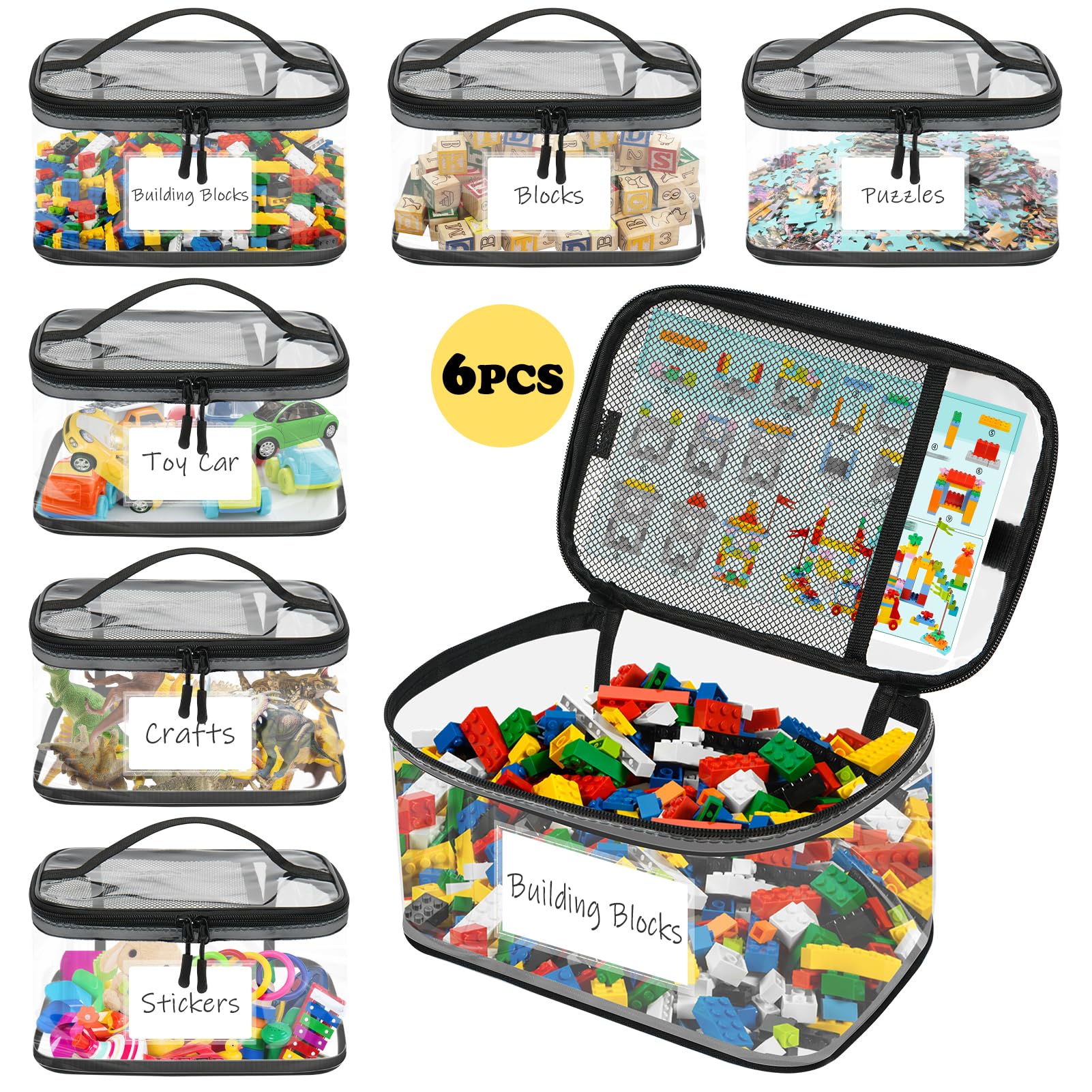 6 Pack Toy Storage Bags with Name Tag, Storage Bags with Zipper, Waterproof Clear PVC Toy Kids Organiser for Building Blocks, Puzzles, Clay, Small Models, Board Games — view 2