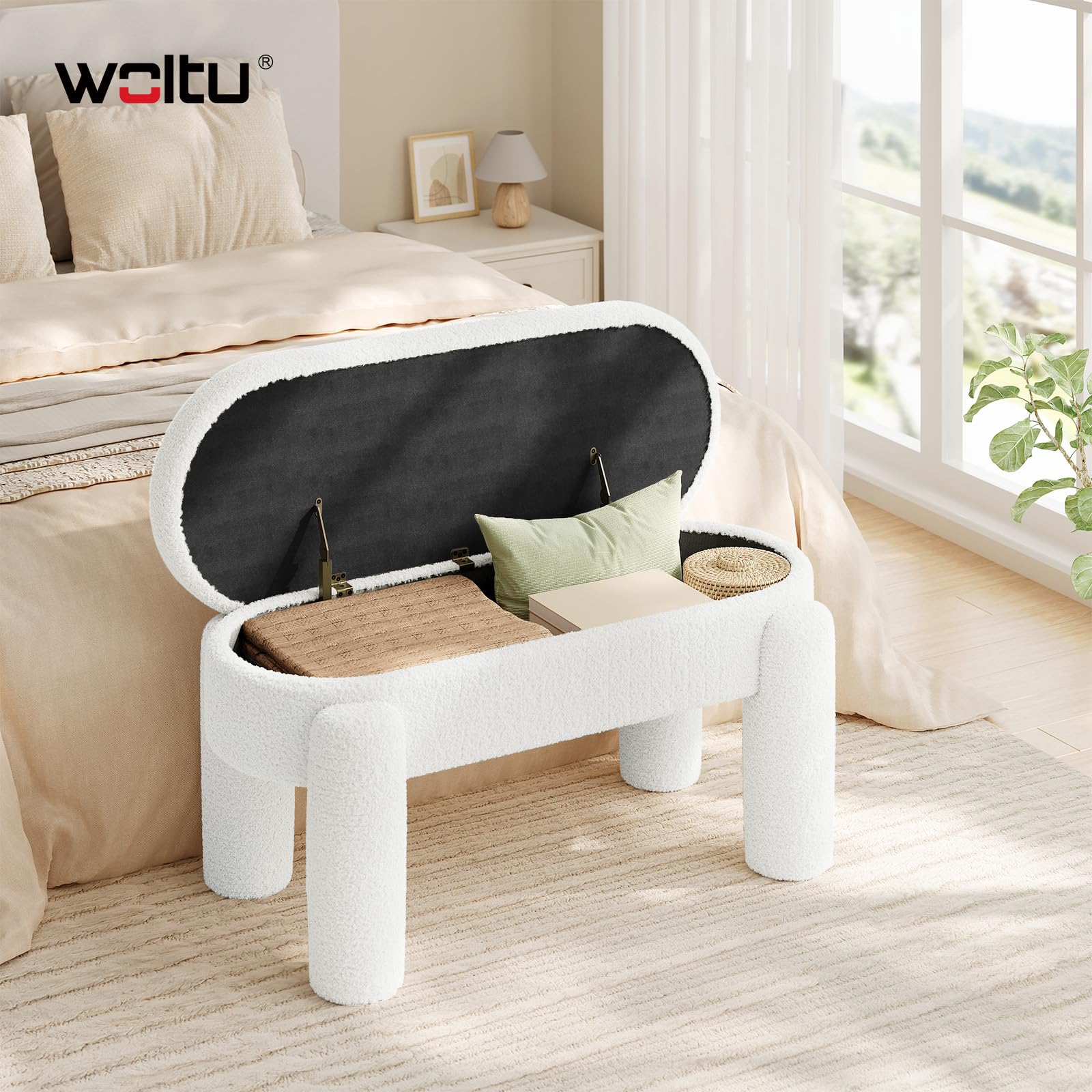 WOLTU Banc de Rangement Rembourré en Tissu Polaire Teddy, 114x47x53 cm, Banquette Lit pour Chambre Salon Couloir Entrée, Charge Maxi. 250 kg, Moderne, Blanc