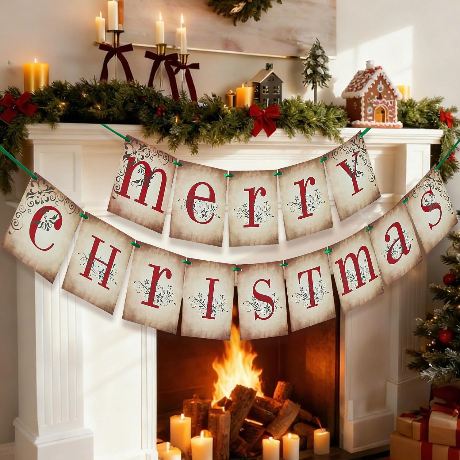 Vintage Christmas Decorations – Nostalgic Merry Christmas Banner for Home Fireplace Mantle, Retro Holiday Décor for Festive Family Gatherings and Farmhouse Style Vintage Christmas Decorations – Nostalgic Merry Christmas Banner for Home Fireplace Mantle, Retro Holiday Décor for Festive Family Gatherings and Farmhouse Style