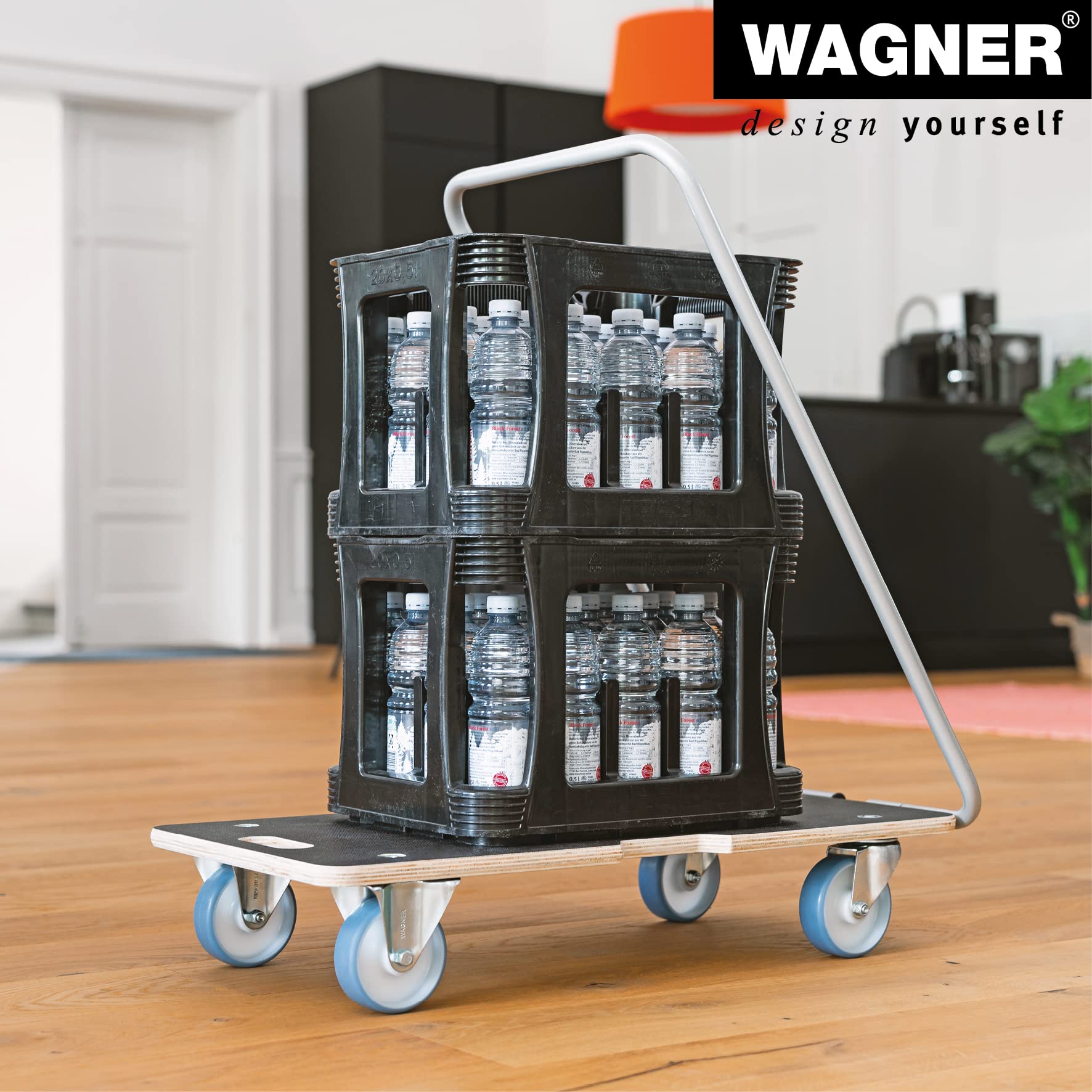 WAGNER Transportroller Transporthilfe 1345 I Schichtholz mit Grip I 74 x 36,5 x 11 cm, Tragkraft 300 kg I Stapelbehälter, Bügel klappbar, Griffe, Ladungssicherung I Möbelroller I FSC® I Made in DE