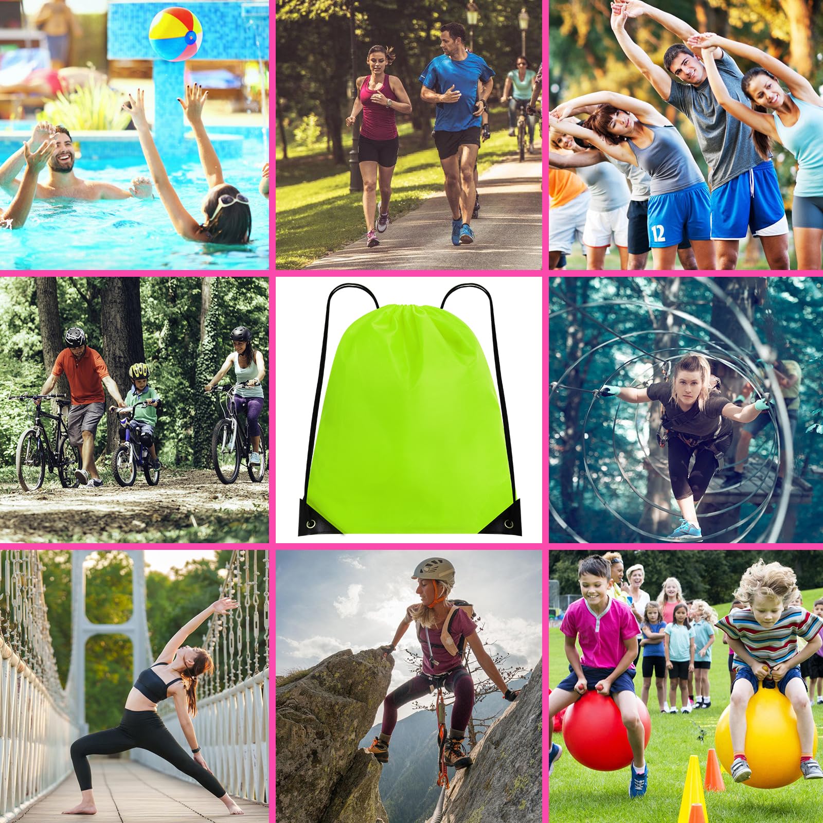 24 mochilas con cordón, bolsas de cuerda, bolsa deportiva con cordón, bolsas de cincha a granel, Verde (Bright Green), L, Deportes, ocio, moda