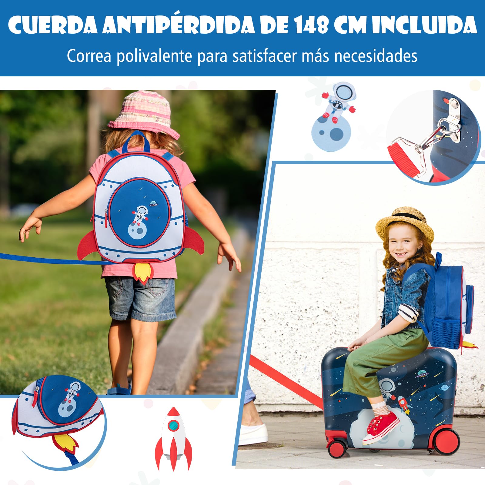 GOPLUS Maleta Infantil de 2 Piezas con Ruedas Giratorias, Equipaje de Viaje con Mochila, Juego de Equipaje para Niños Ride-on & Sit-on & Carry-on 47cm y Mochil 30 cm, Maleta de Cabina (Astronautas)