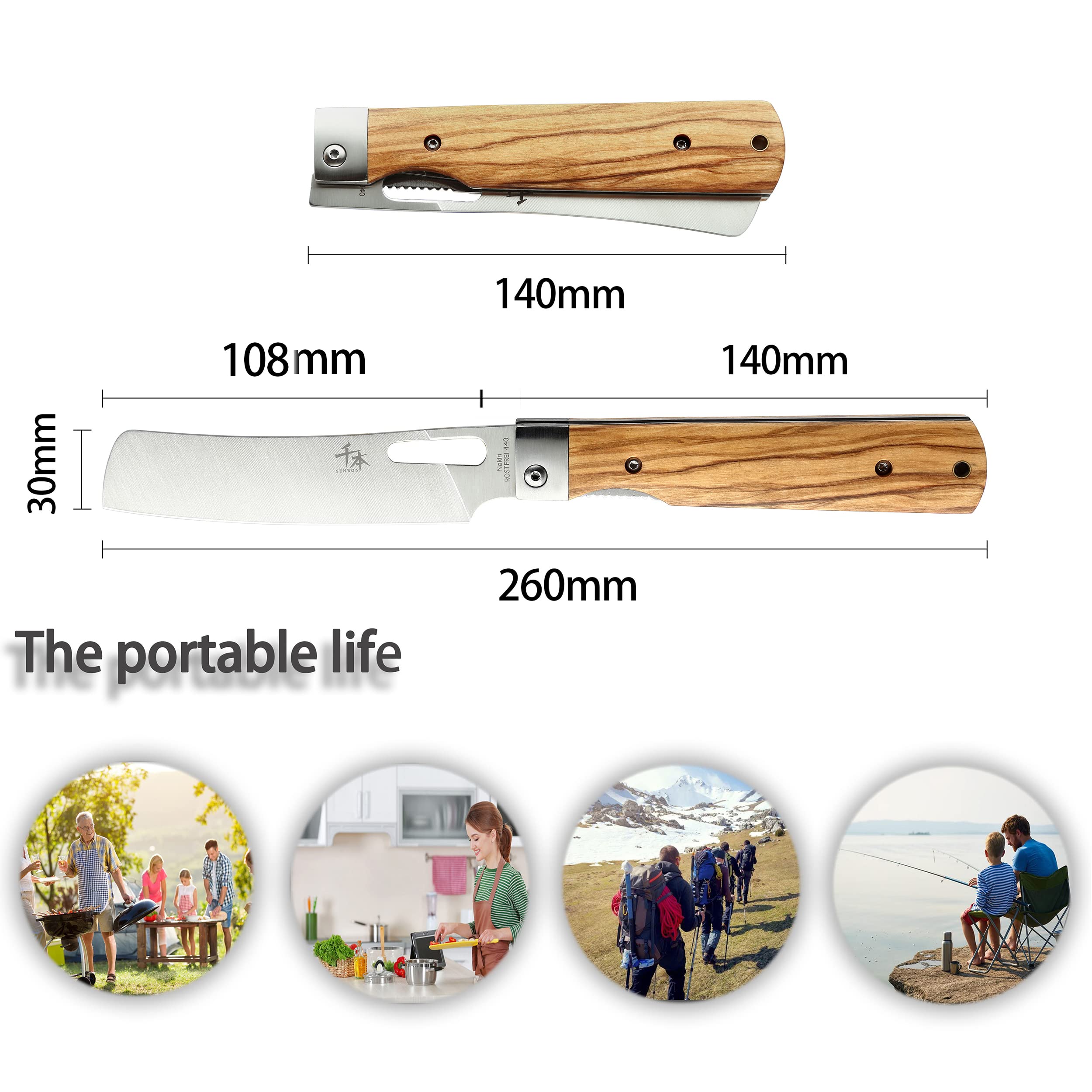 SENBON 440A Acier Inoxydable Ultra Pointu Poche Style Japonais Couteau De Chef Pliant Couteau À Éplucher Poignée En Olive Naturelle Camping Voyage En Plein Air Portable Couteau De Cuisine
