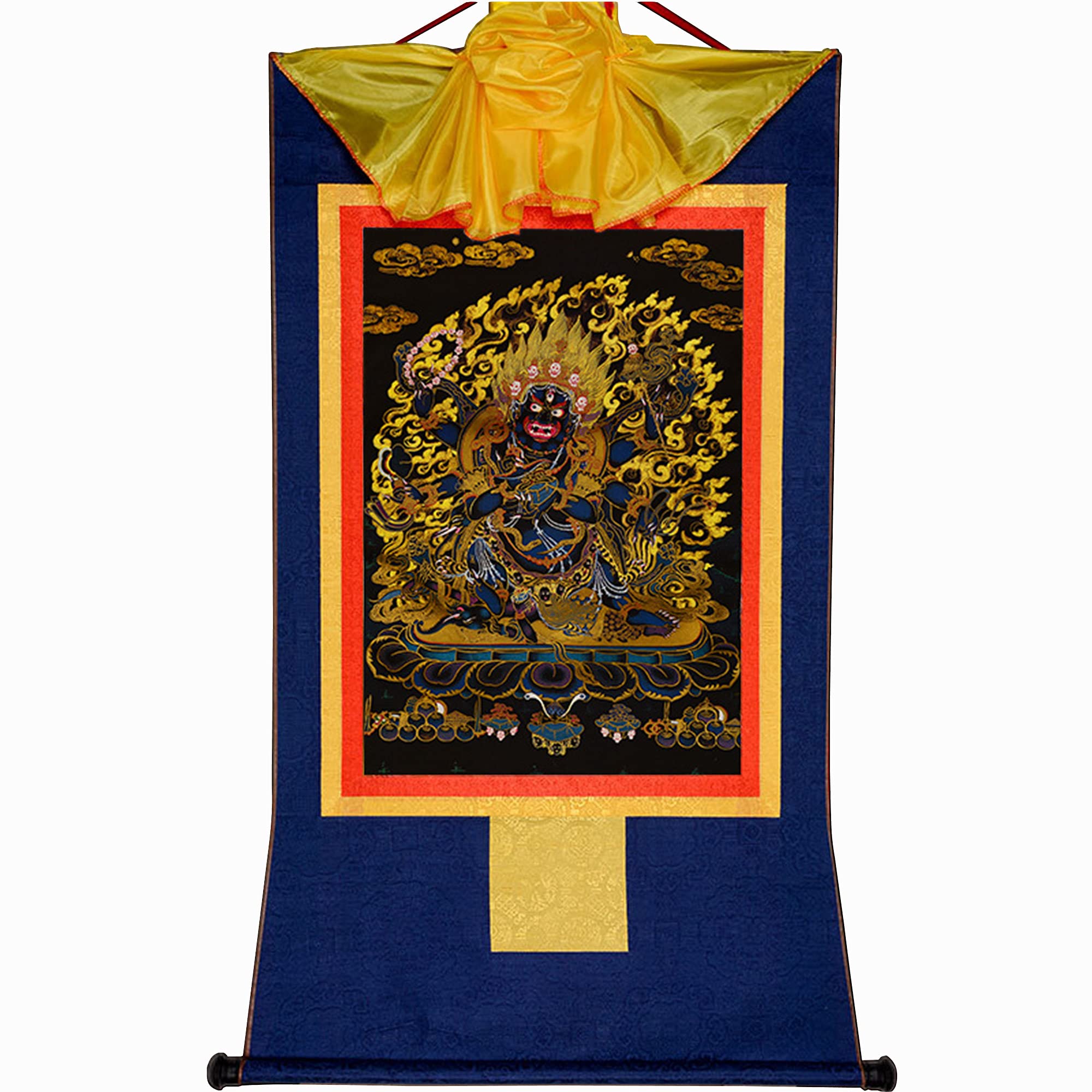 Gandhanra Tibetan Buddhist Thangka Wall Hanging,Dharmapala Mahakala Thangka,Hot Stamped Brocade Buddhist Tapestry for Zen Home Decor, Meditation, Spiritual Relaxation