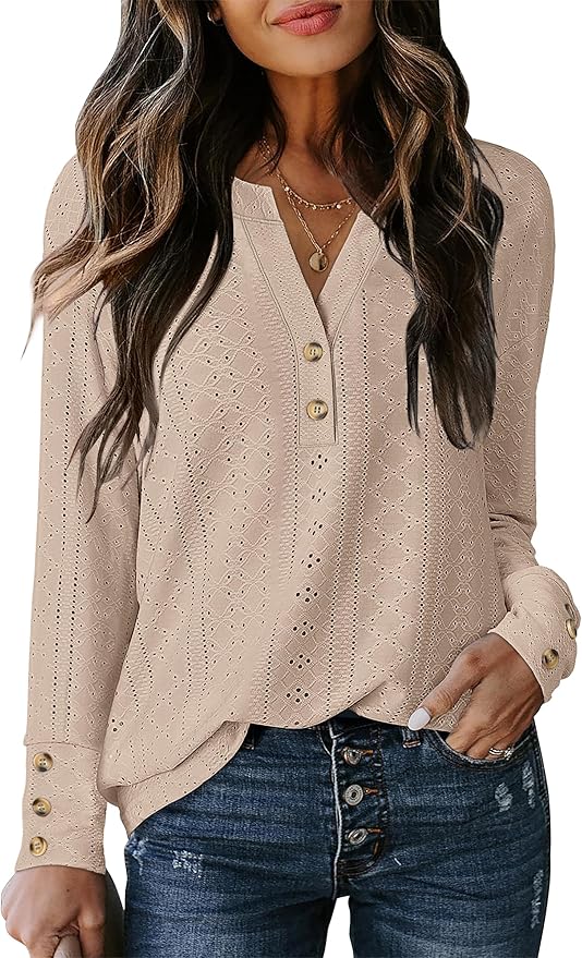 ANRABESS Womens Eyelet Tops Long Sleeve Henley Shirts Business Dressy Casual Blouse Vacation T-Shirt 2025 Fall Outfits