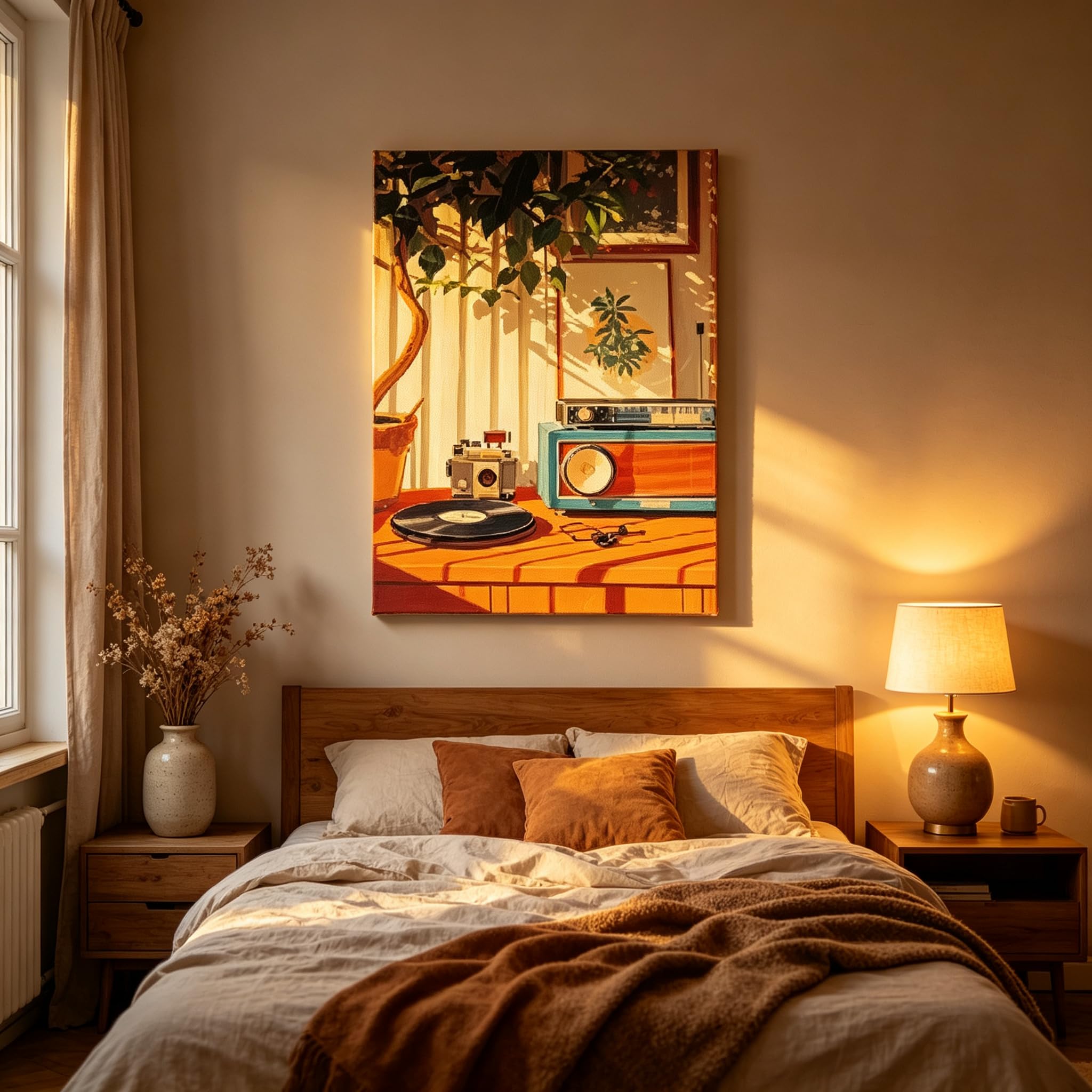 Rumlly Obraz na płótnie w stylu vintage z czarną płytą winylową, nowoczesny obraz ścienny z kamerą radiową do dekoracji salonu (60 x 90 cm/rama wewnętrzna)