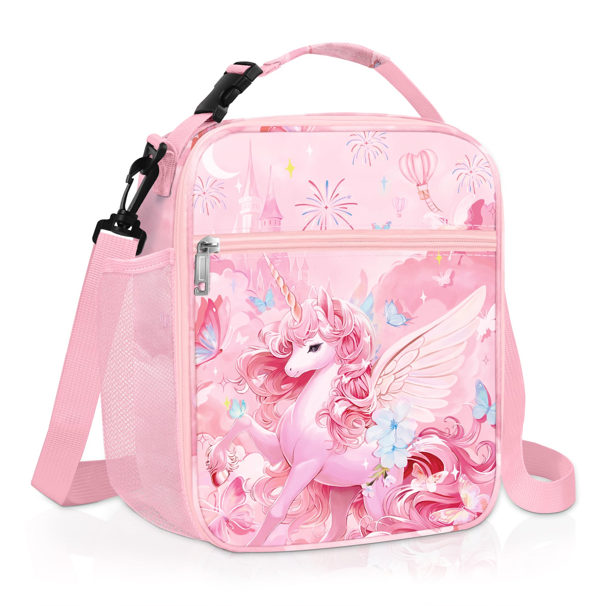 Clastyle Unicorn Insulated Lunch Bag Large Thermal Cooler Bag for Girl Picnic Lunch Box Tote Pink Unicorn Angle