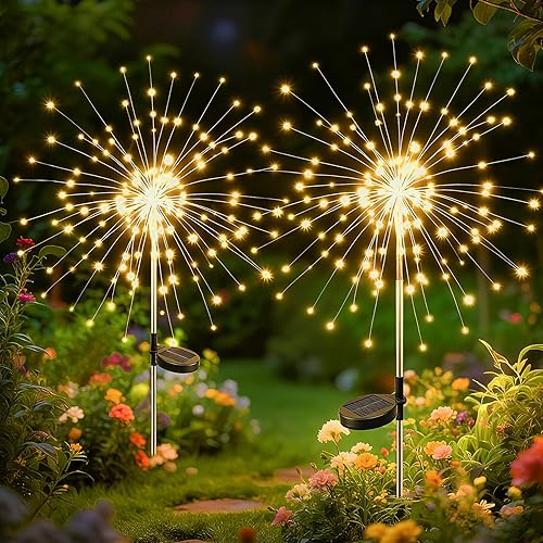 Miniatura 13 de btfarm Paquete de 2 120 luces LED solares de jardín al aire libre, 8 modos de luces de fuegos artificiales, luces de hadas impermeables parpadeantes